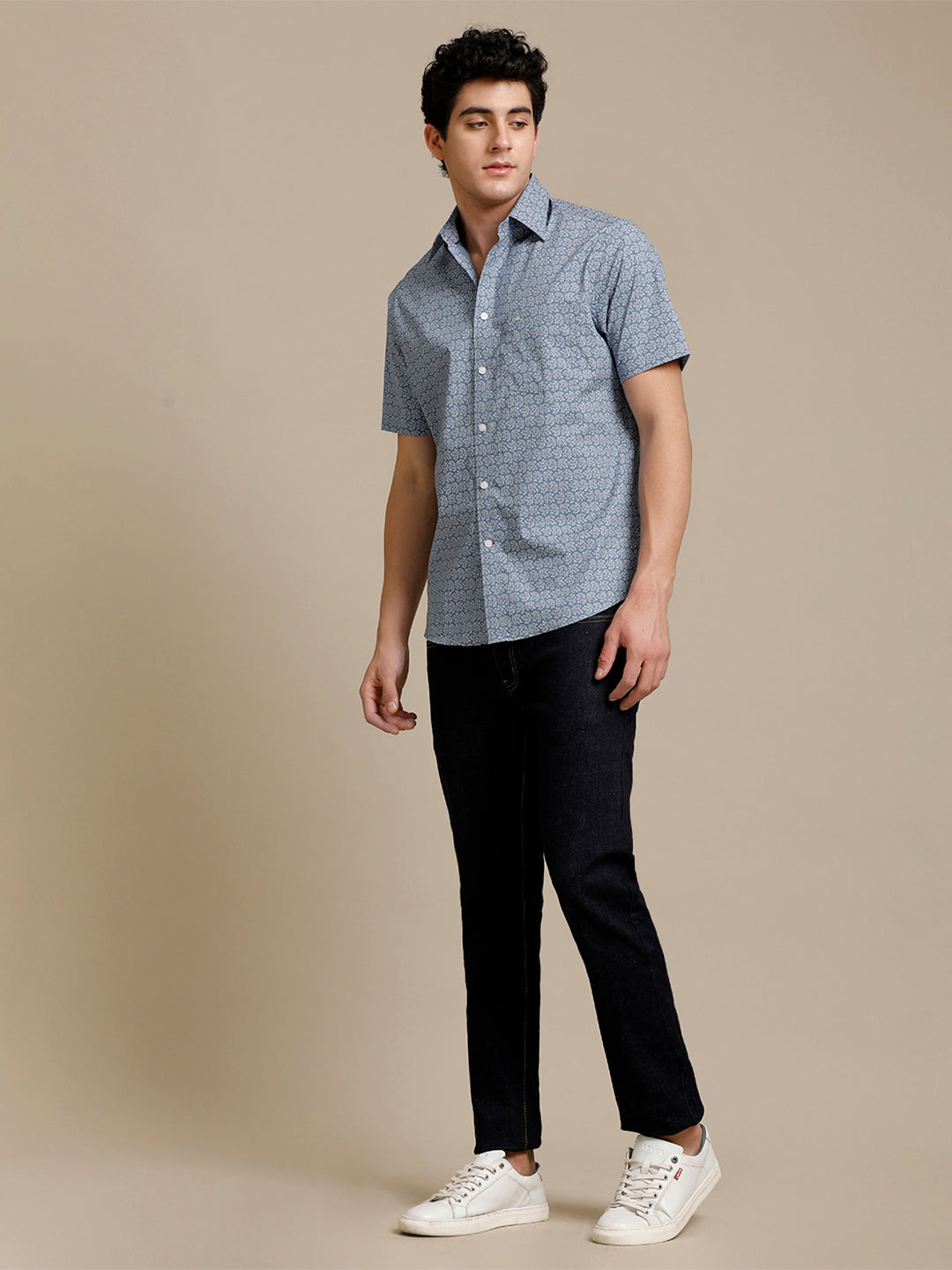 Aldeno Mens Regular Fit Steel Blue Abstract Aop Casual Cotton Blend Stretch Shirt (HANJA)