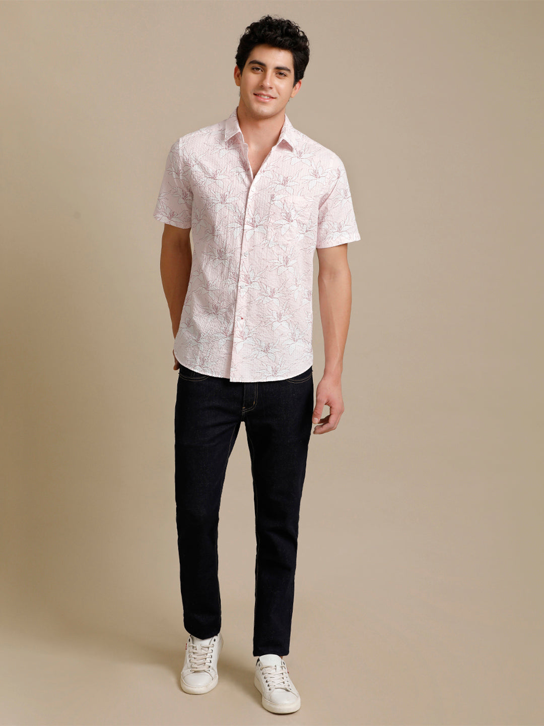 Aldeno Mens Regular Fit Floral Aop Pink/White Casual Cotton Shirt (FLOPIN)