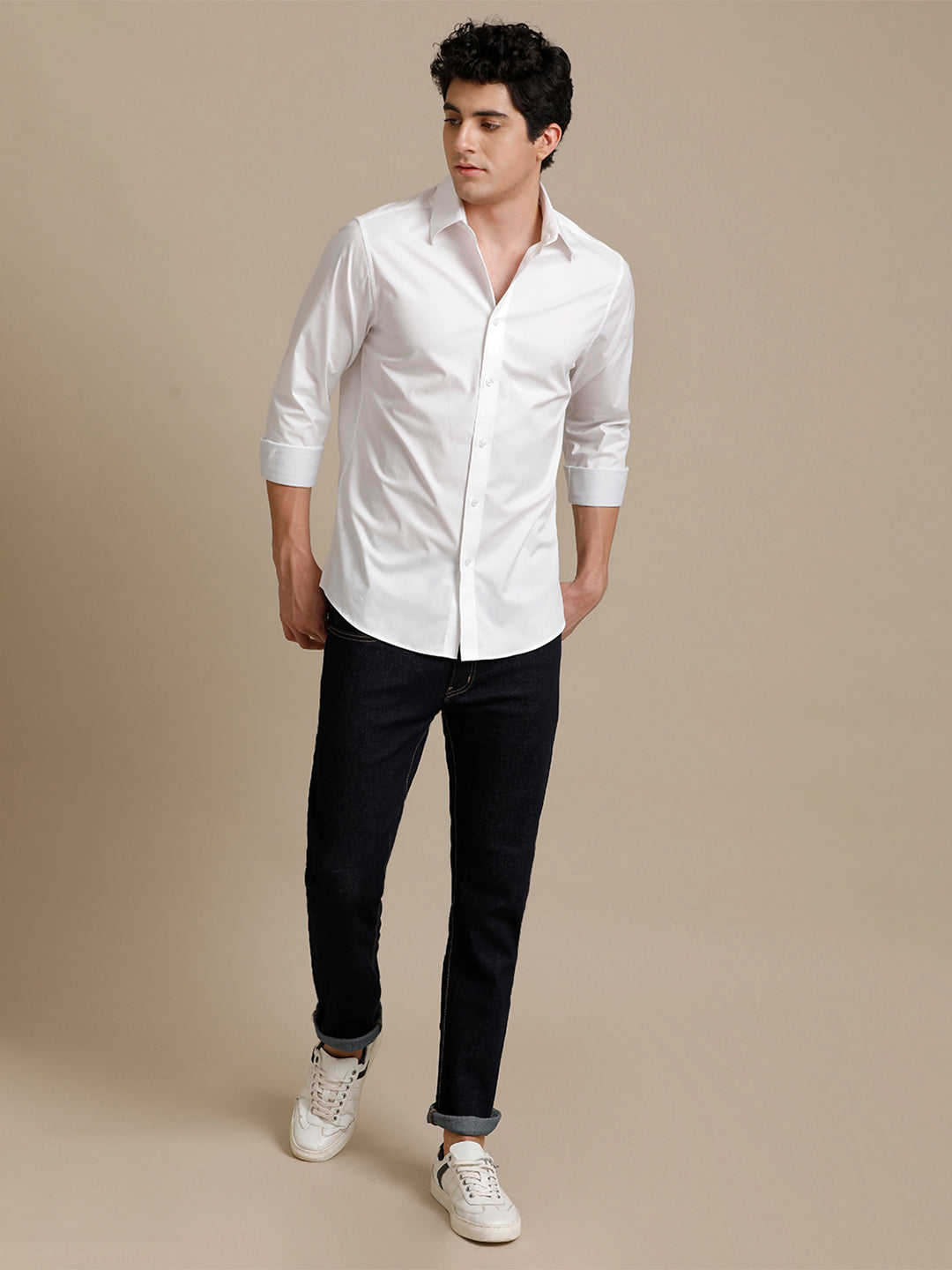 Aldeno Mens Regular Fit Solid White Formal Cotton Stretch Shirt (CLOYD)