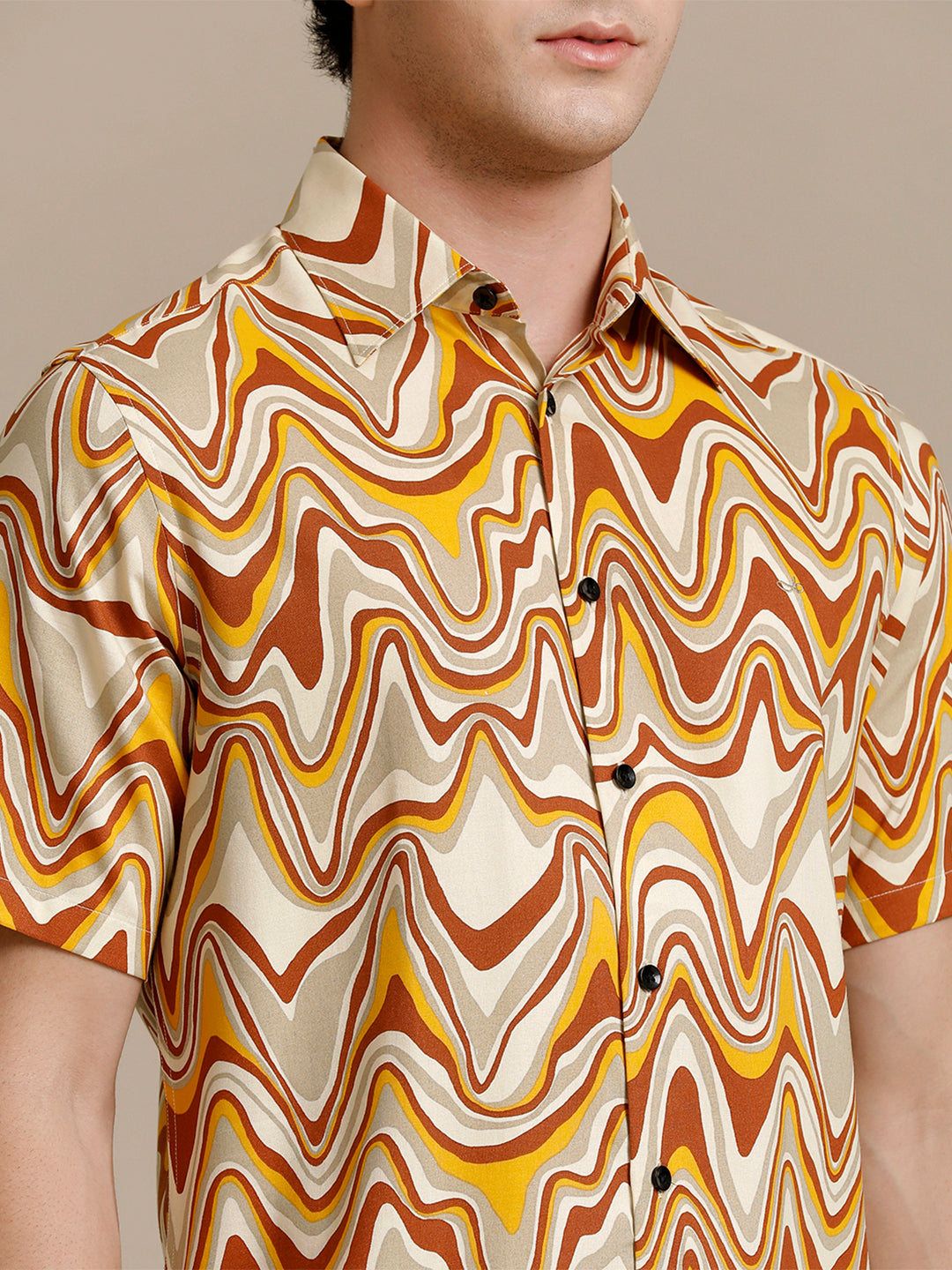 Aldeno Mens Regular Fit Abstract Beige/Rust/Yellow Casual Rayon Shirt (PIMUL)