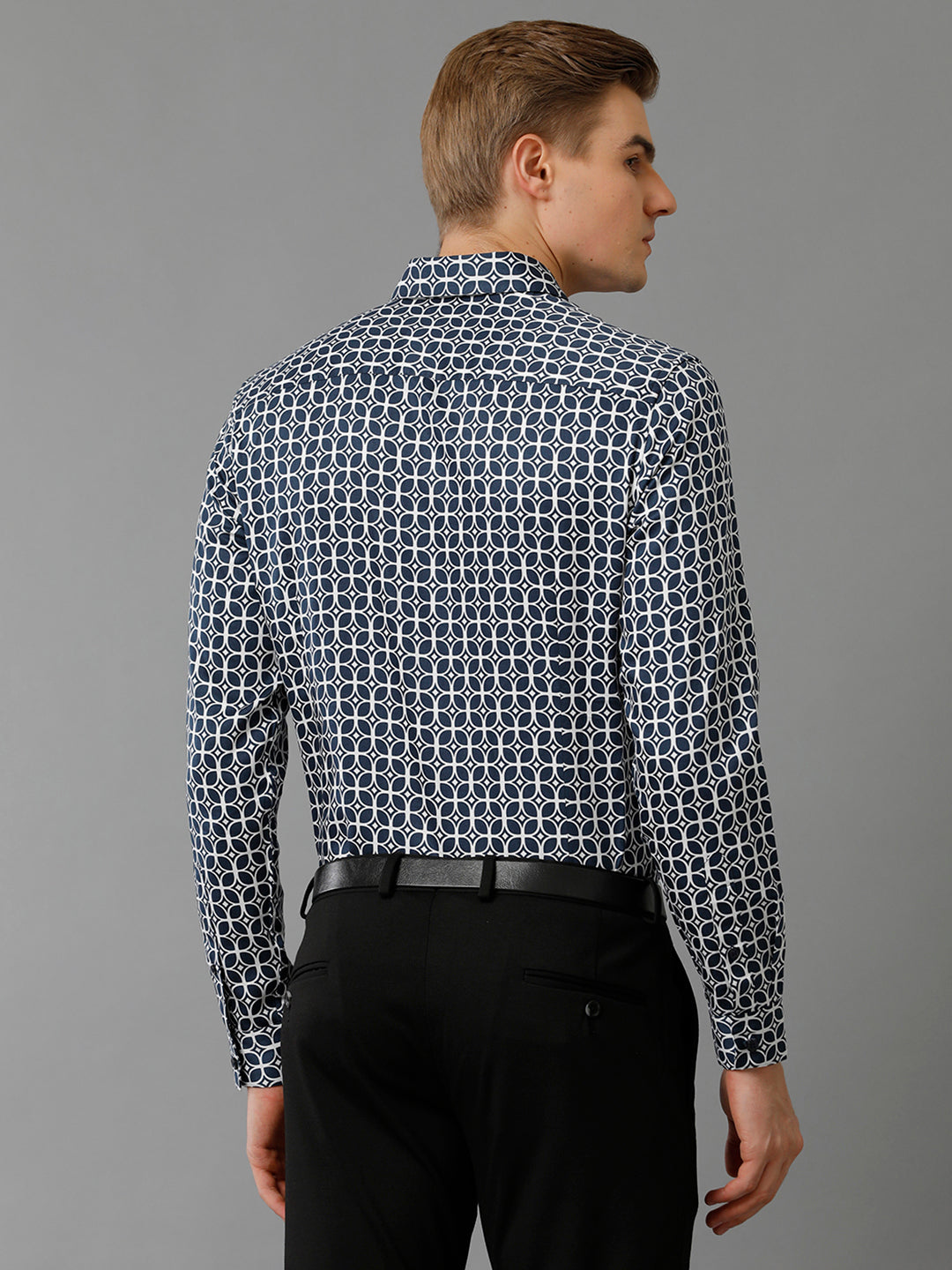 Aldeno Mens Slim Fit Geometric Print Navy Blue Casual Cotton Shirt (CHRIS)