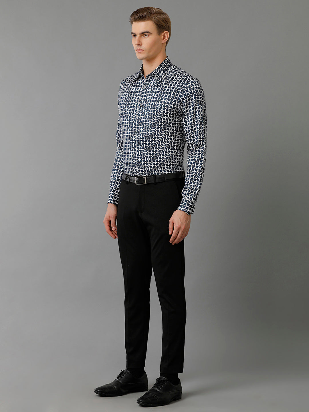 Aldeno Mens Slim Fit Geometric Print Navy Blue Casual Cotton Shirt (CHRIS)