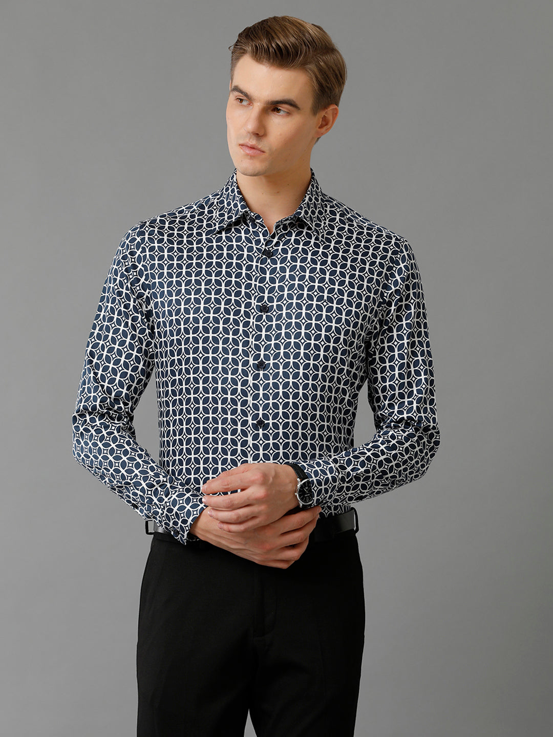 Aldeno Mens Slim Fit Geometric Print Navy Blue Casual Cotton Shirt (CHRIS)