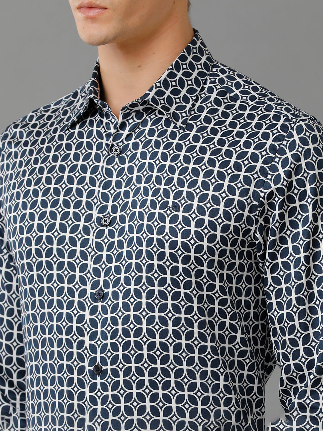 Aldeno Mens Slim Fit Geometric Print Navy Blue Casual Cotton Shirt (CHRIS)