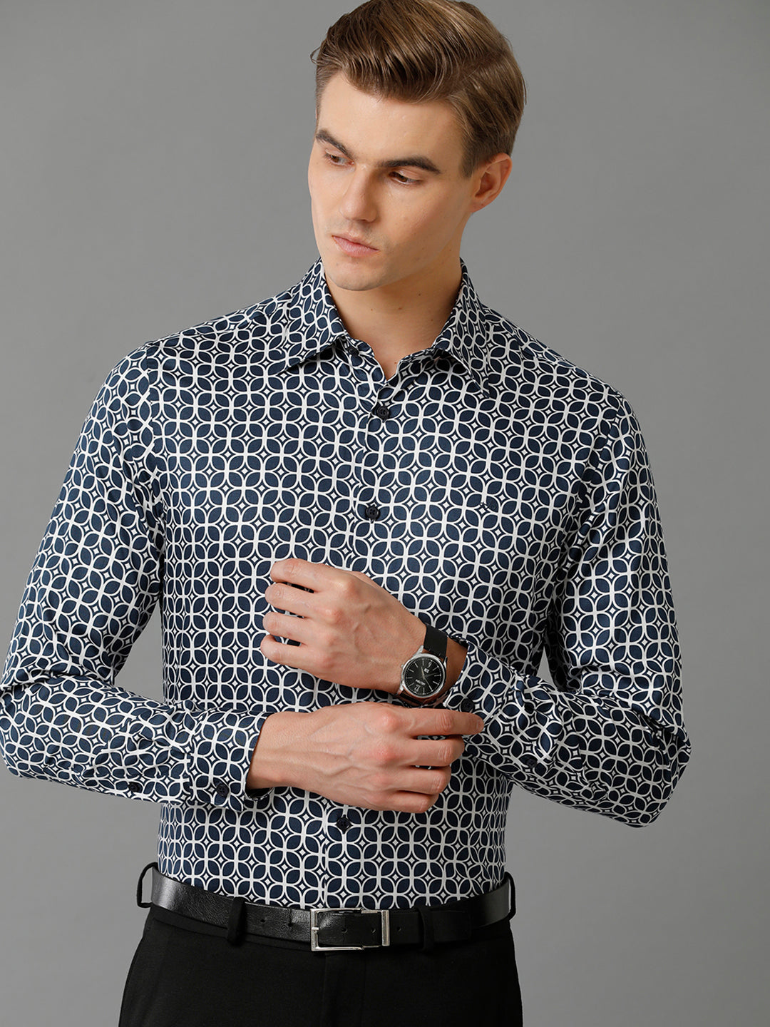 Aldeno Mens Slim Fit Geometric Print Navy Blue Casual Cotton Shirt (CHRIS)