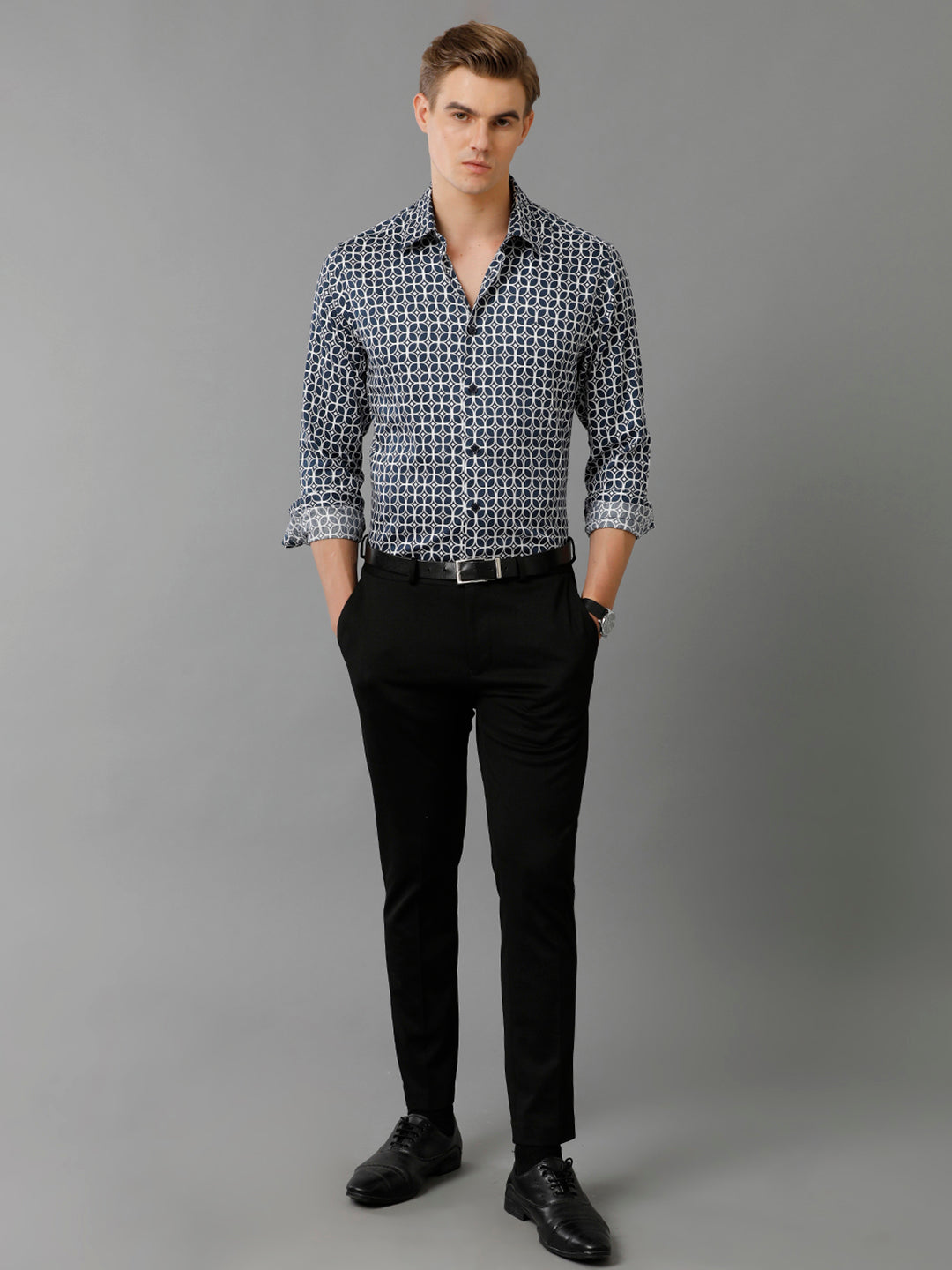 Aldeno Mens Slim Fit Geometric Print Navy Blue Casual Cotton Shirt (CHRIS)