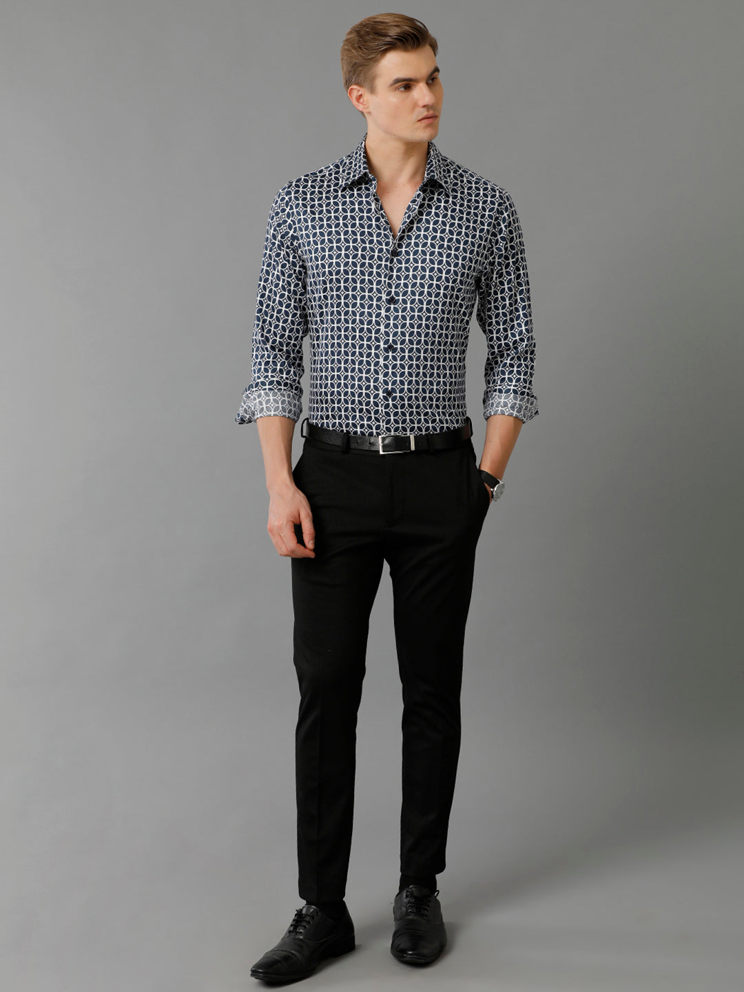 Aldeno Mens Slim Fit Geometric Print Navy Blue Casual Cotton Shirt (CHRIS)
