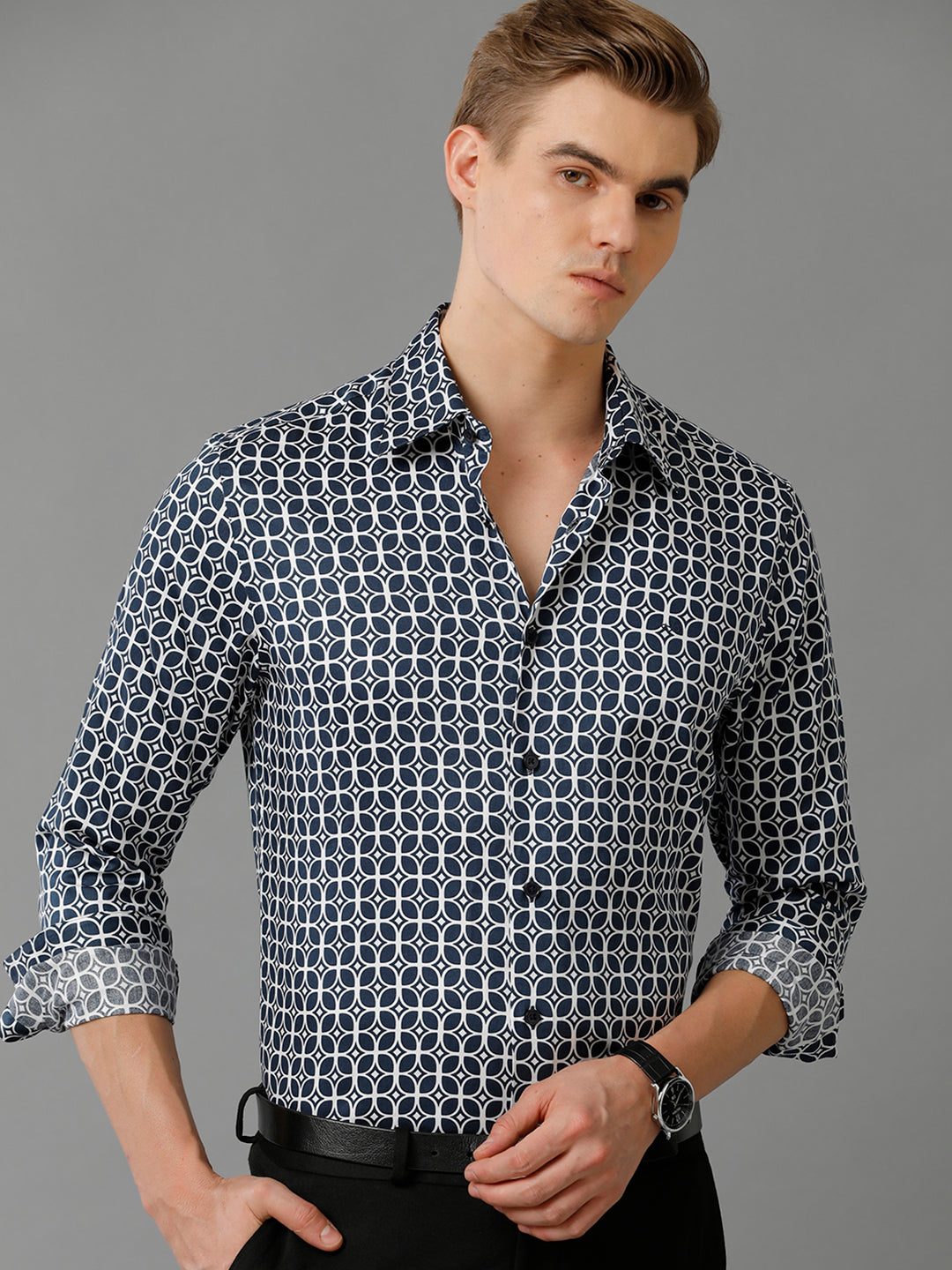 Aldeno Mens Slim Fit Geometric Print Navy Blue Casual Cotton Shirt (CHRIS)
