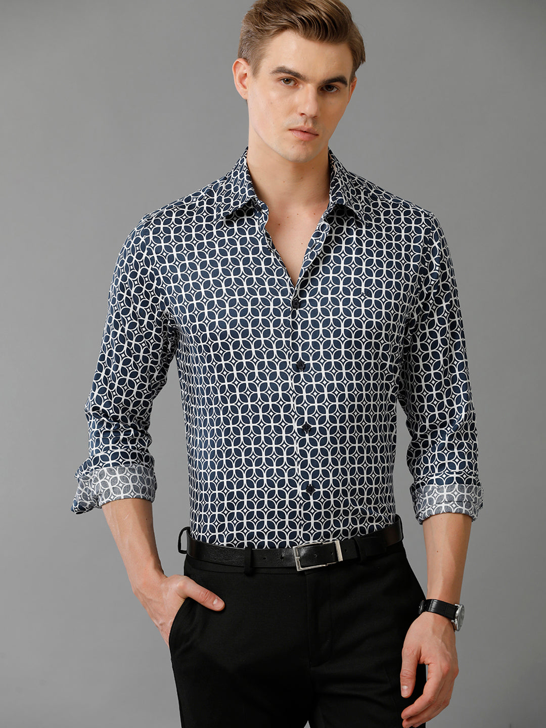 Aldeno Mens Slim Fit Geometric Print Navy Blue Casual Cotton Shirt (CHRIS)