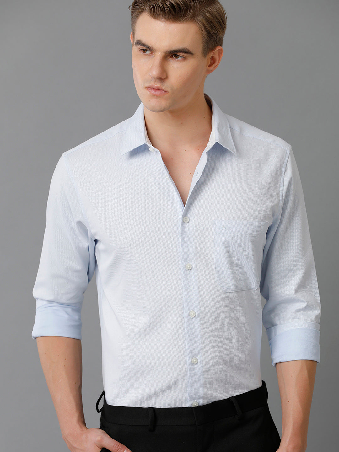 Aldeno Men's Regular Fit PLAIN Textured Blue Formal Cotton Shirt (BELON)