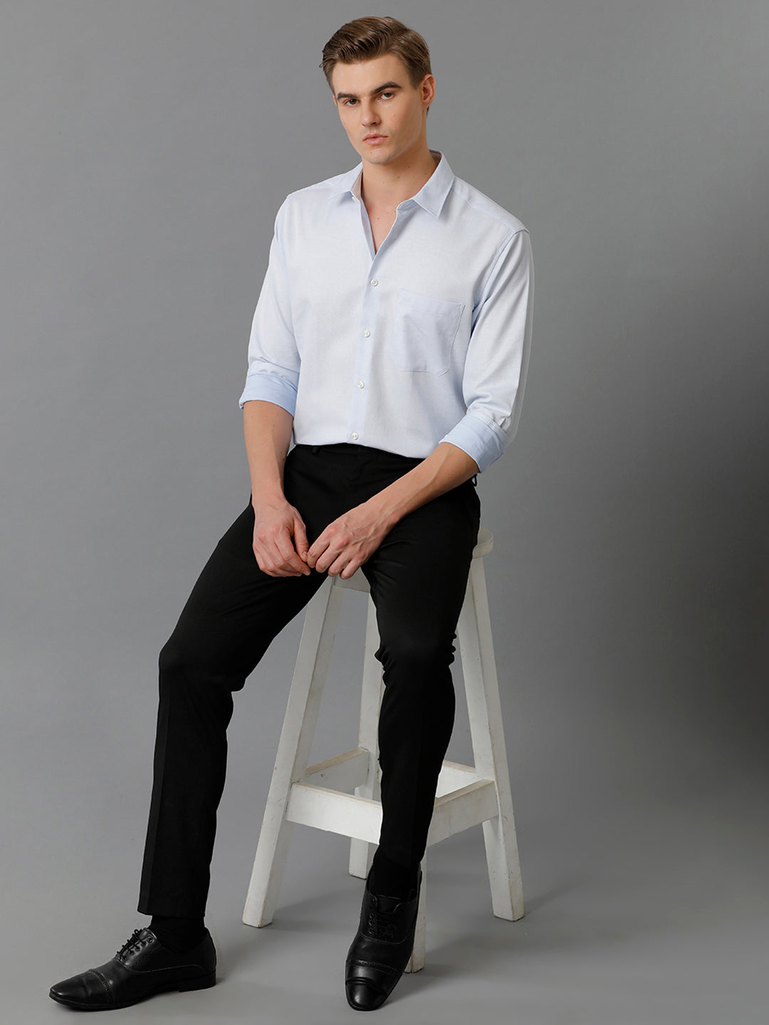 Aldeno Men's Regular Fit PLAIN Textured Blue Formal Cotton Shirt (BELON)
