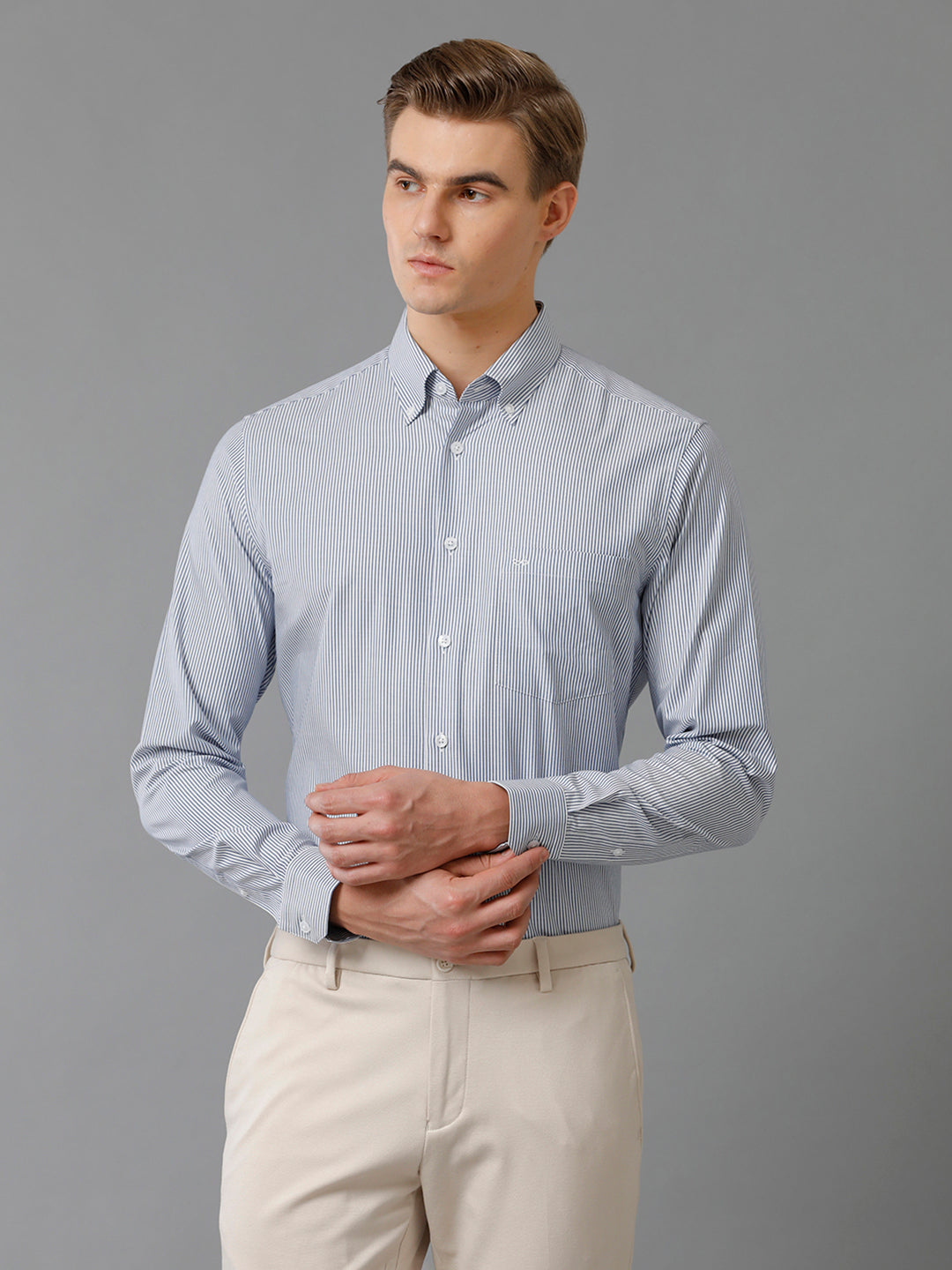 Aldeno Mens Slim Fit Vertical Stripes Blue Formal Cotton Shirt (CATO)