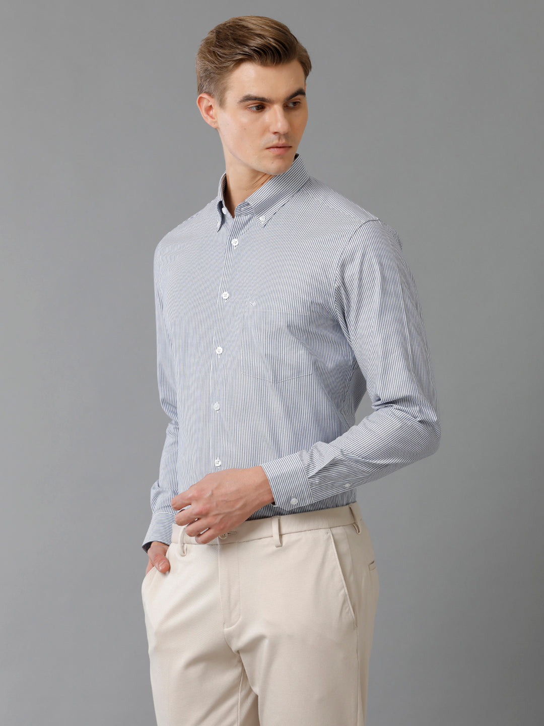 Aldeno Mens Slim Fit Vertical Stripes Blue Formal Cotton Shirt (CATO)
