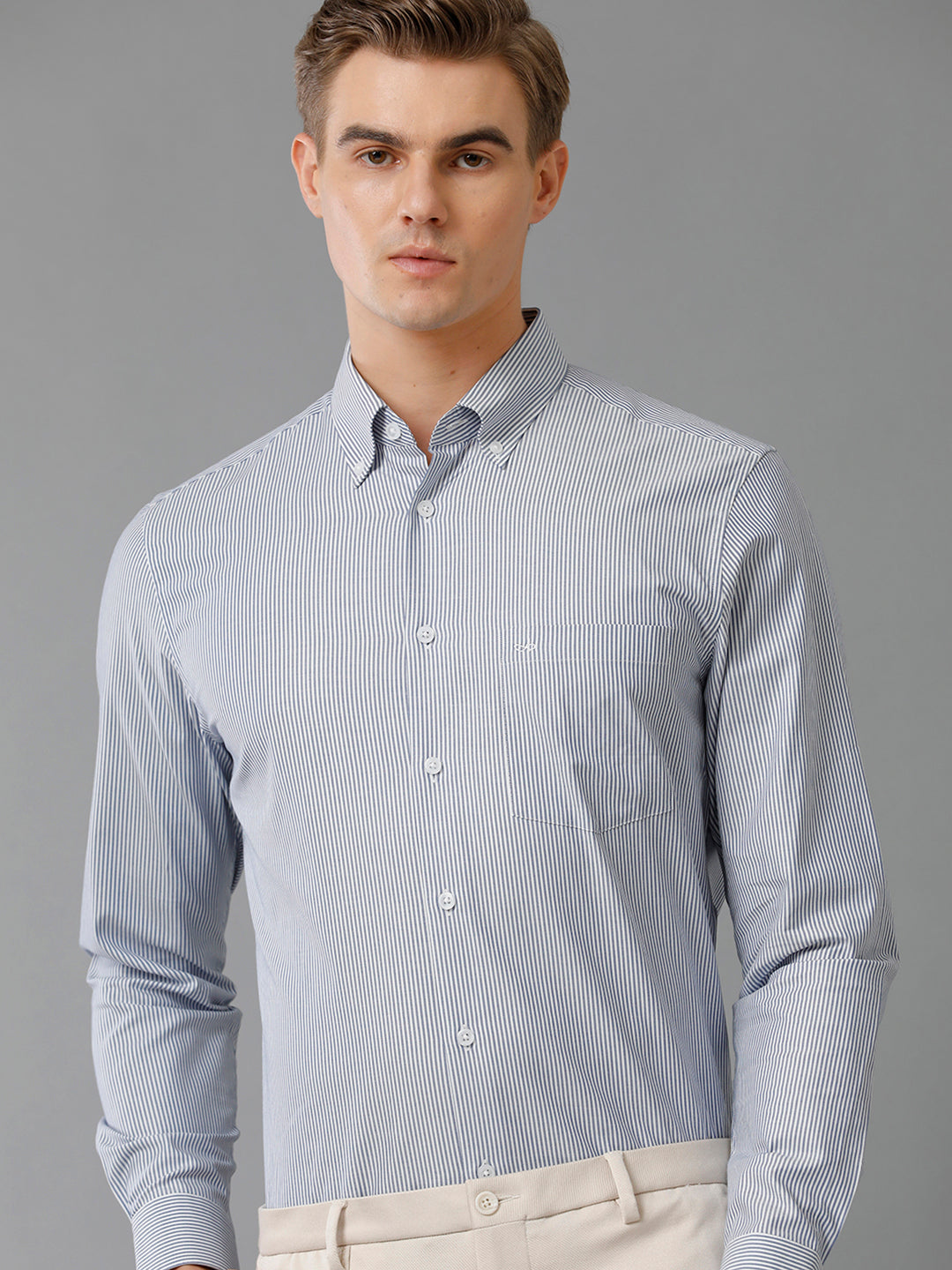 Aldeno Mens Slim Fit Vertical Stripes Blue Formal Cotton Shirt (CATO)