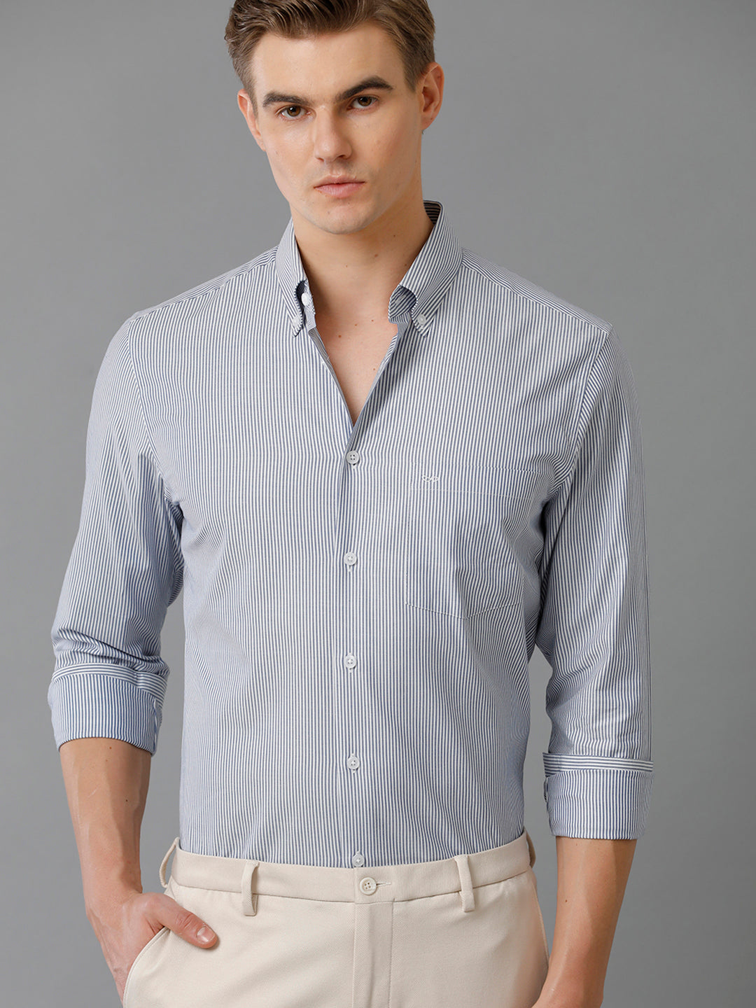 Aldeno Mens Slim Fit Vertical Stripes Blue Formal Cotton Shirt (CATO)