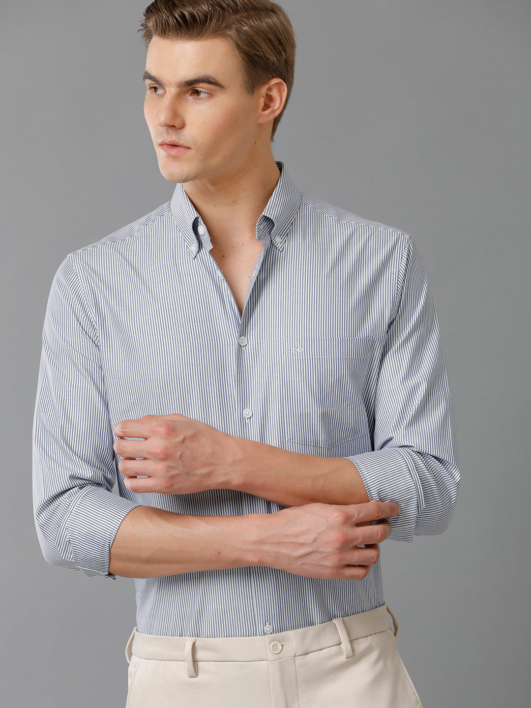 Aldeno Mens Slim Fit Vertical Stripes Blue Formal Cotton Shirt (CATO)