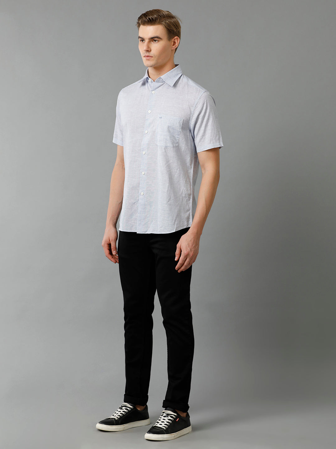 Men's Regular Fit Plain Light Blue Casual Linen Blend Shirt (LUBUL)
