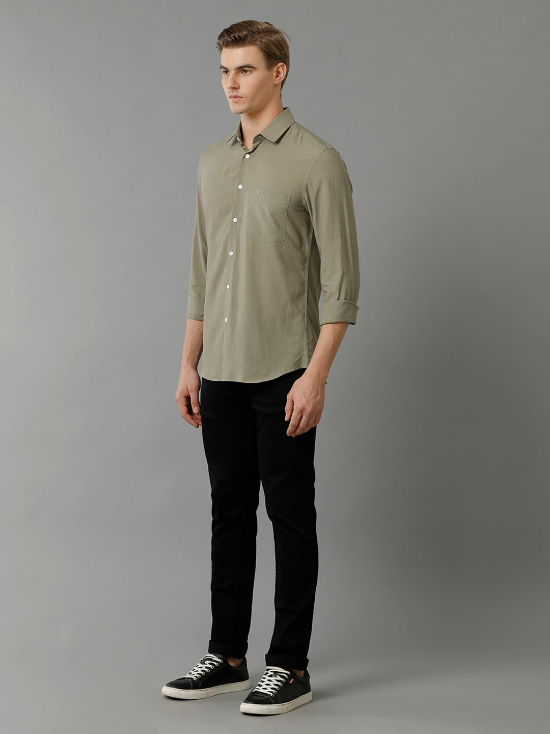 Aldeno Mens Slim Fit Solid Olive Formal Cotton Modal Shirt (MASON)