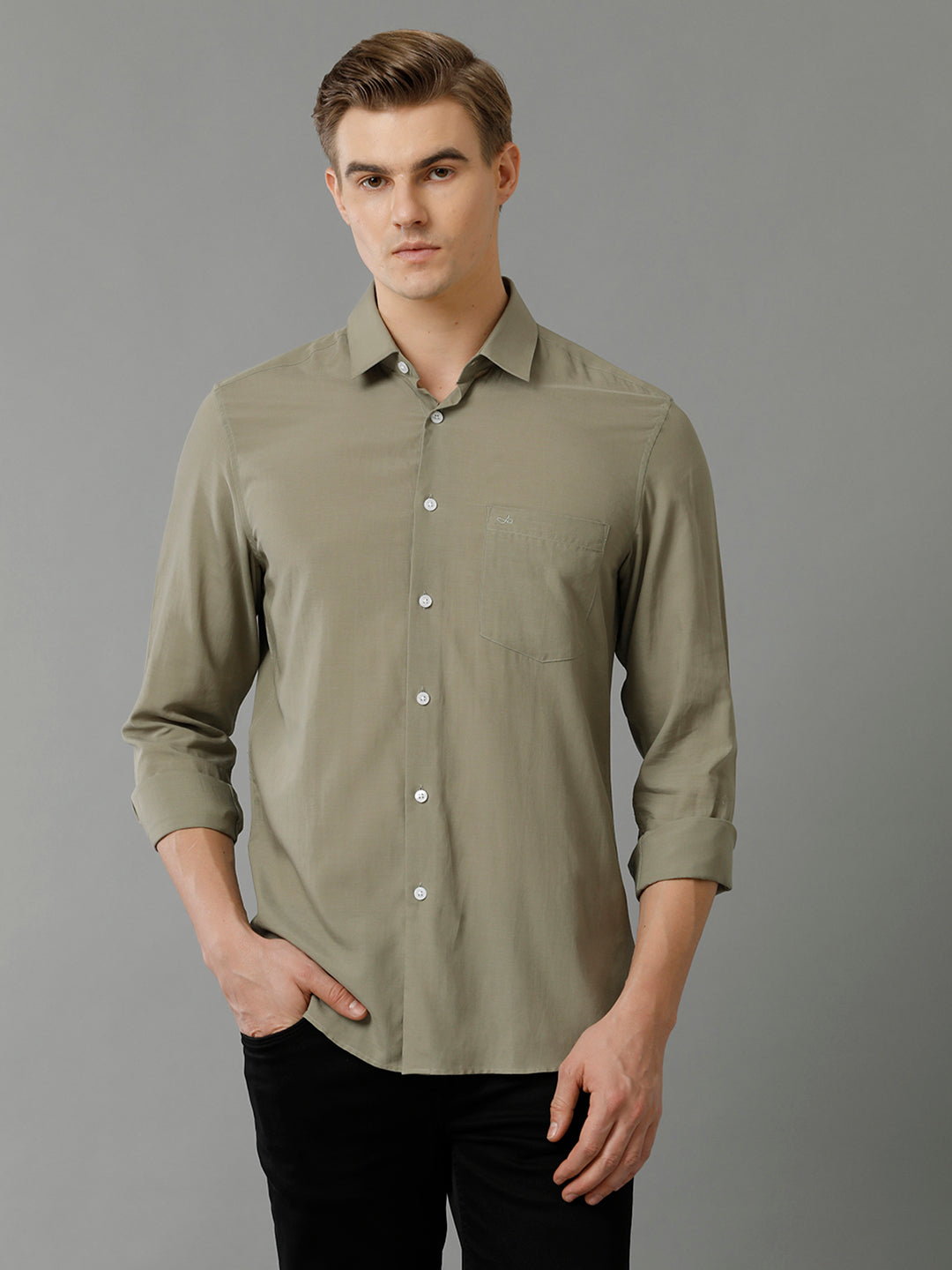 Aldeno Mens Slim Fit Solid Olive Formal Cotton Modal Shirt (MASON)