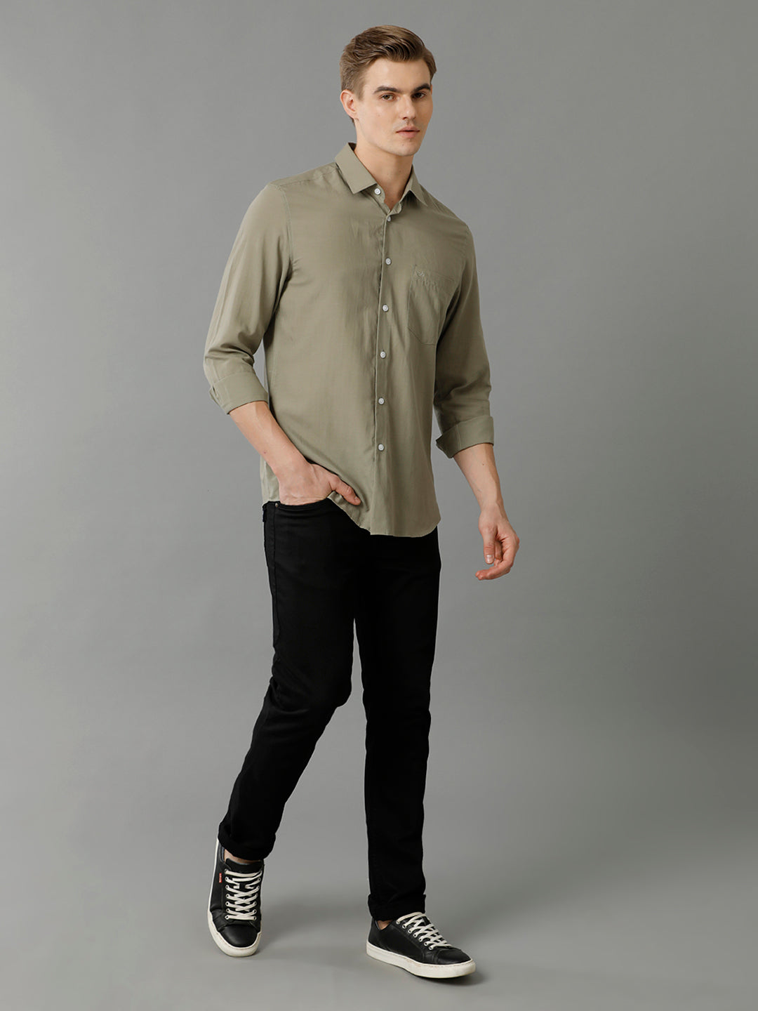 Aldeno Mens Slim Fit Solid Olive Formal Cotton Modal Shirt (MASON)