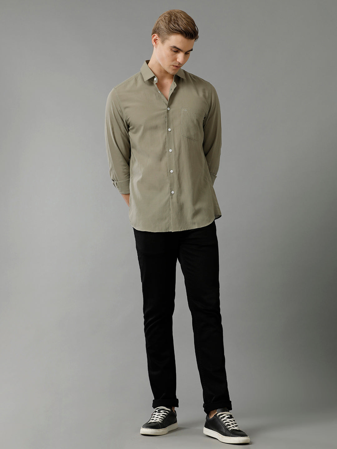 Aldeno Mens Slim Fit Solid Olive Formal Cotton Modal Shirt (MASON)