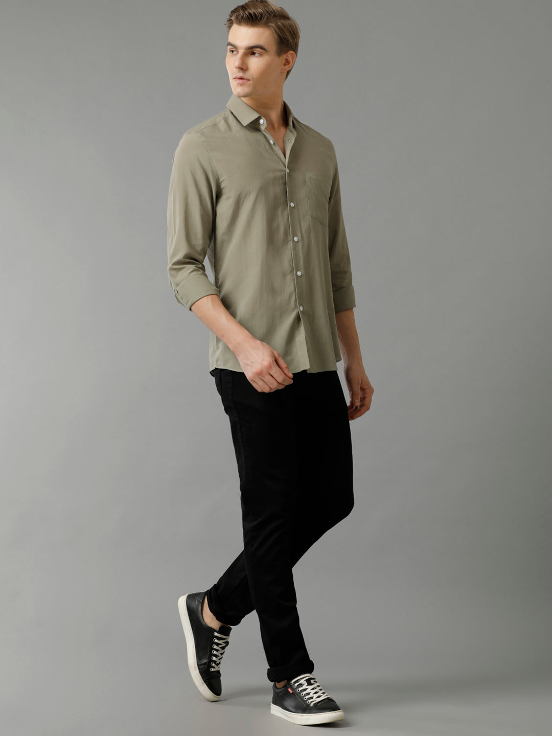 Aldeno Mens Slim Fit Solid Olive Formal Cotton Modal Shirt (MASON)
