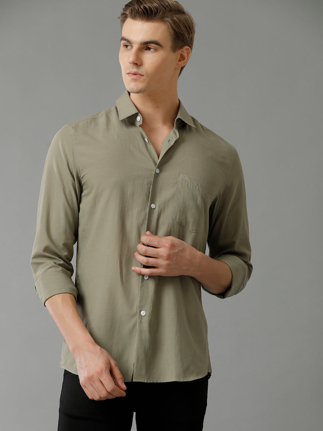 Aldeno Mens Slim Fit Solid Olive Formal Cotton Modal Shirt (MASON)