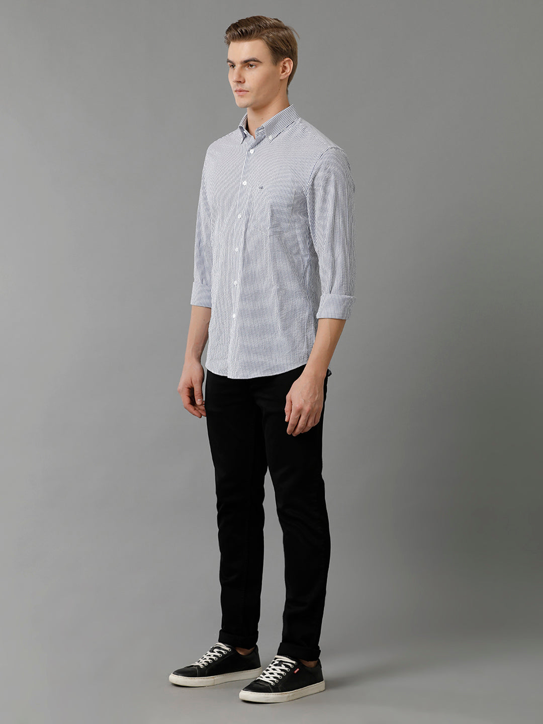 Aldeno Mens Slim Fit Vertical Stripes Navy Blue Formal Cotton Seersucker Shirt (CYLIS)