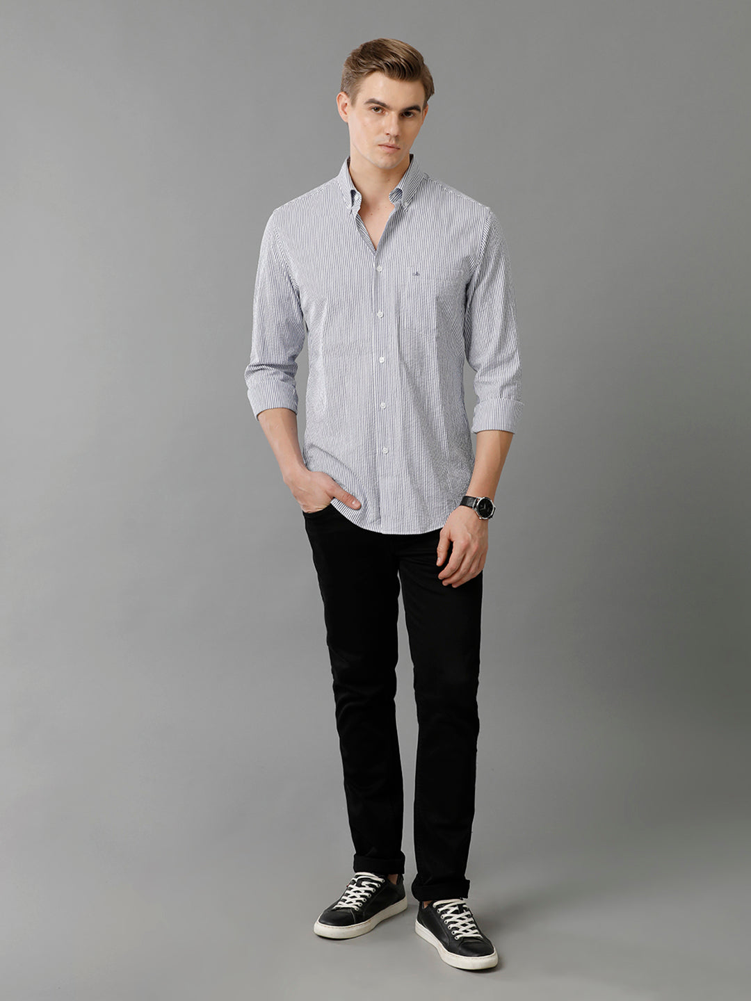Aldeno Mens Slim Fit Vertical Stripes Navy Blue Formal Cotton Seersucker Shirt (CYLIS)