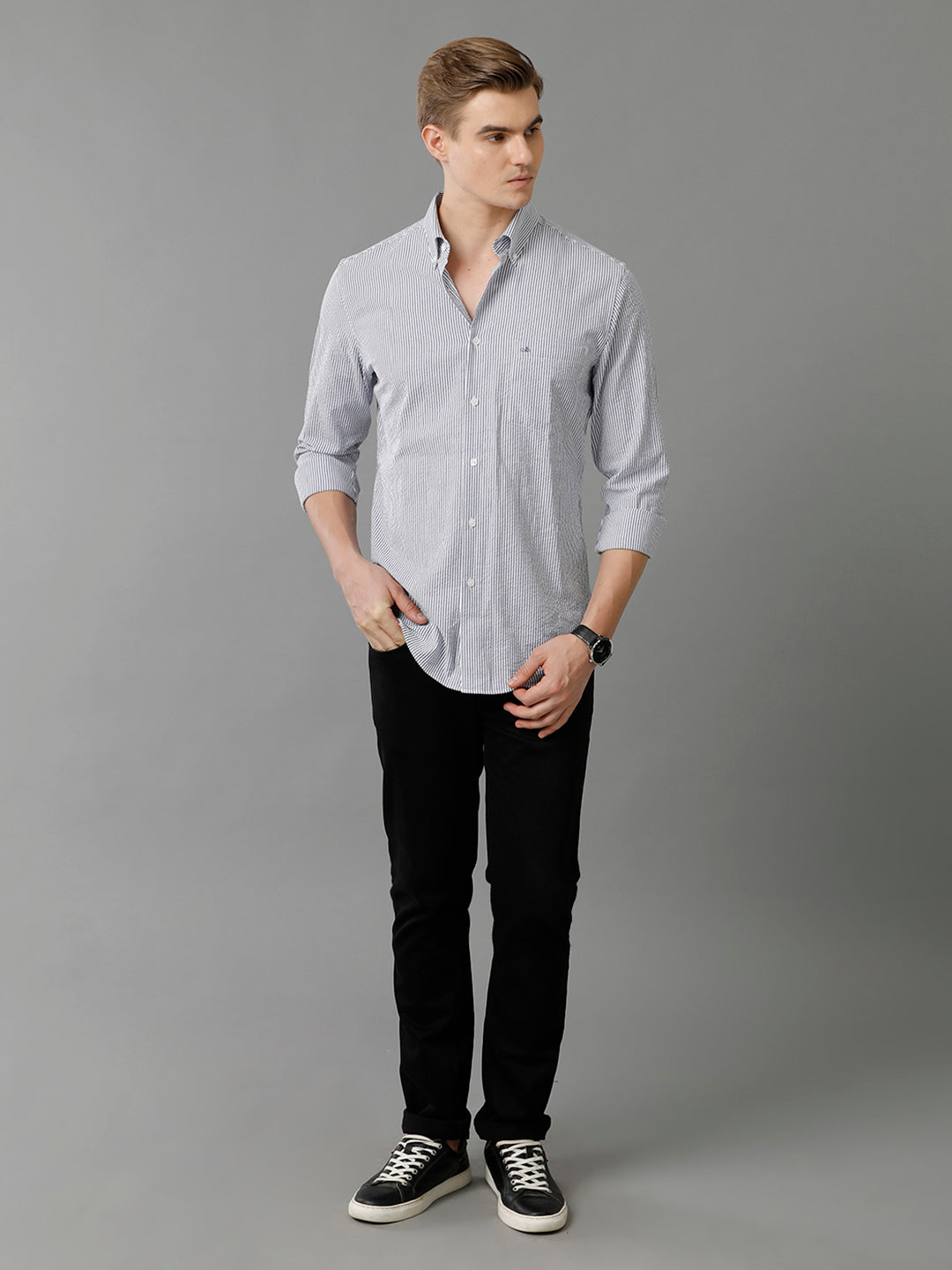 Aldeno Mens Slim Fit Vertical Stripes Navy Blue Formal Cotton Seersucker Shirt (CYLIS)