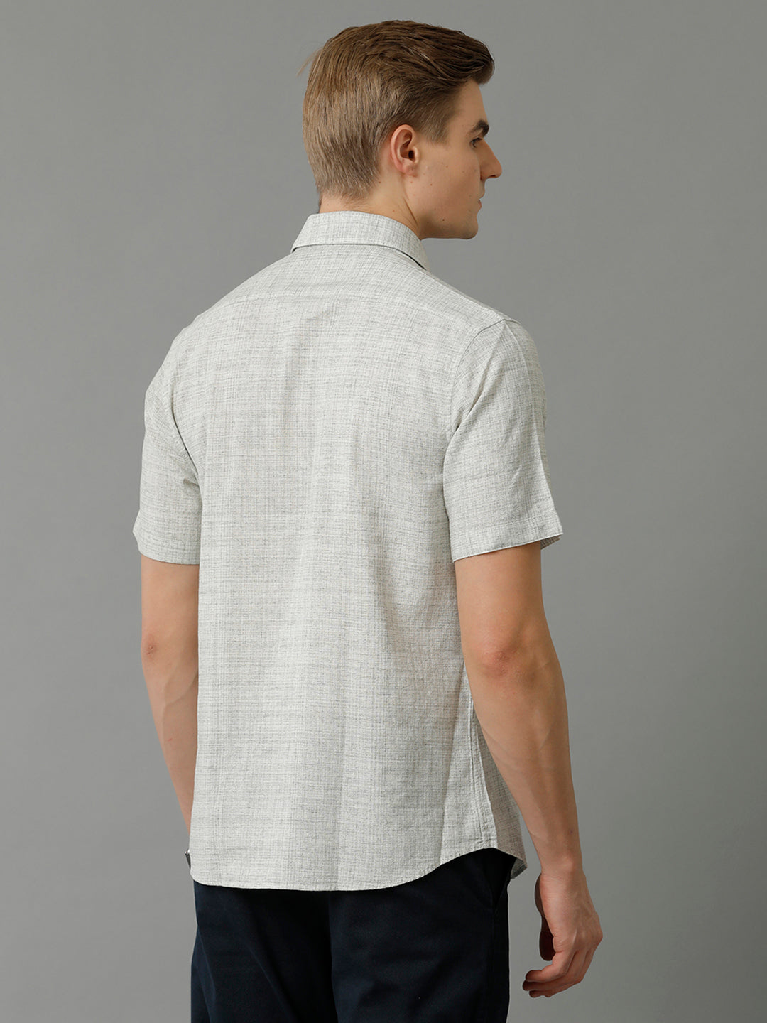 Aldeno Men's Regular Fit Plain Textured Grey Casual Cotton Linen Stretch Shirt (TEGAY)