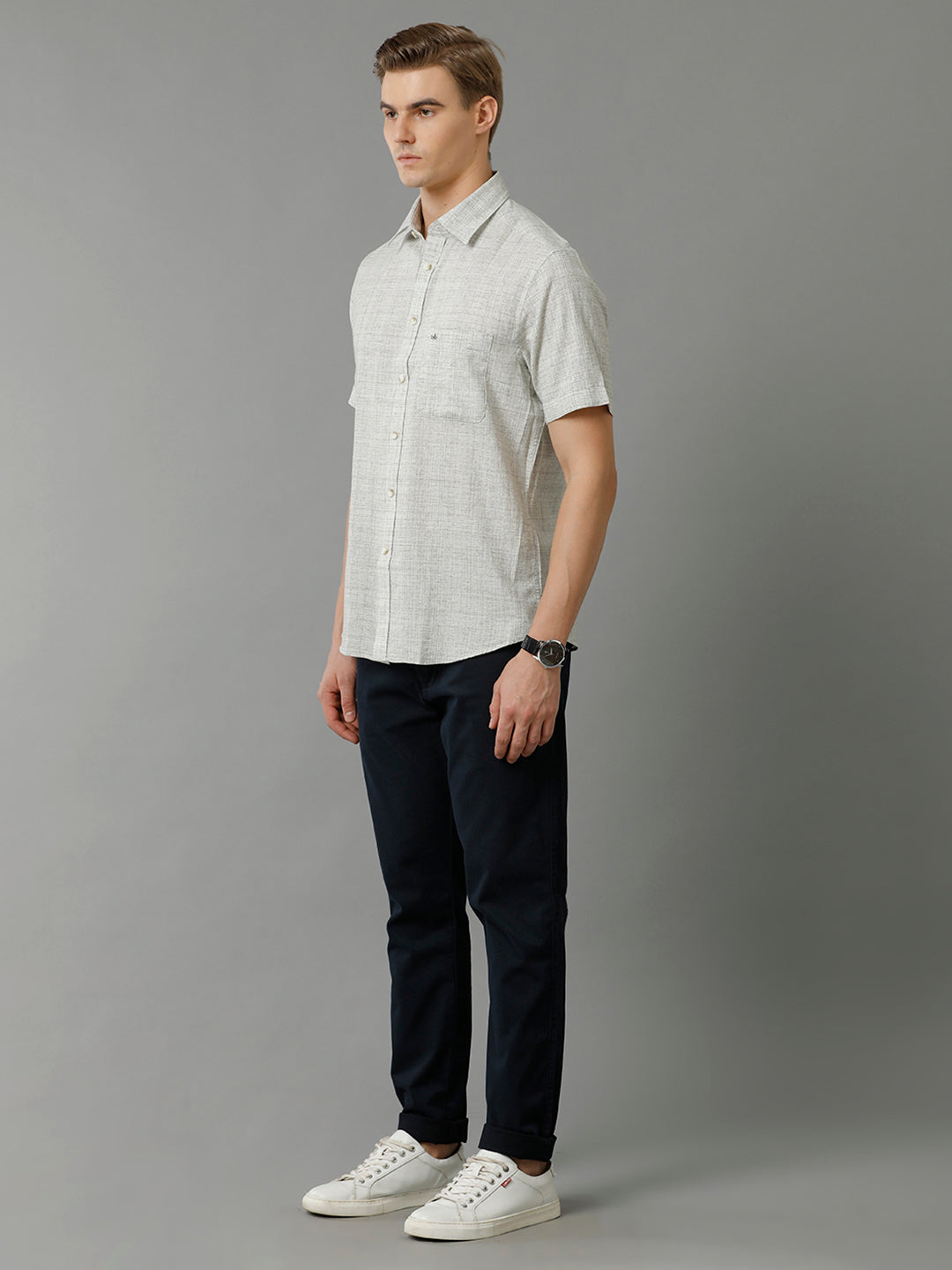 Aldeno Men's Regular Fit Plain Textured Grey Casual Cotton Linen Stretch Shirt (TEGAY)
