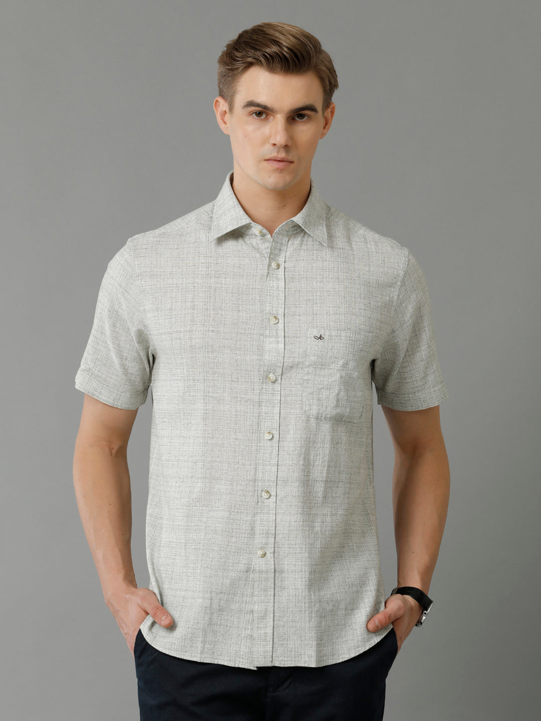 Aldeno Men's Regular Fit Plain Textured Grey Casual Cotton Linen Stretch Shirt (TEGAY)