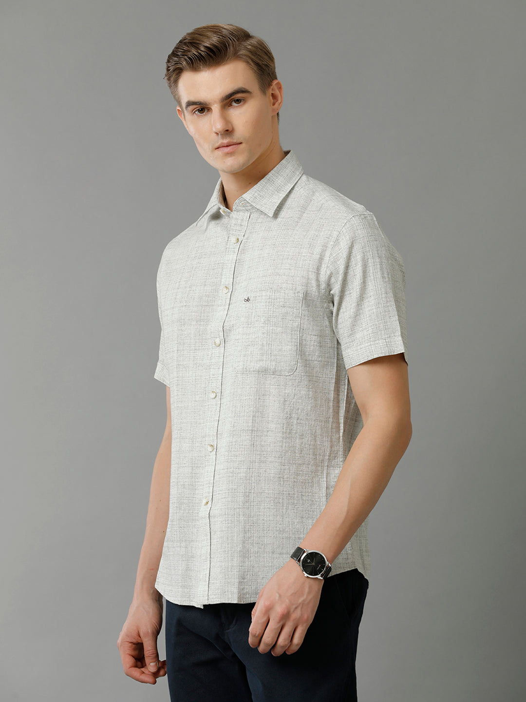 Aldeno Men's Regular Fit Plain Textured Grey Casual Cotton Linen Stretch Shirt (TEGAY)