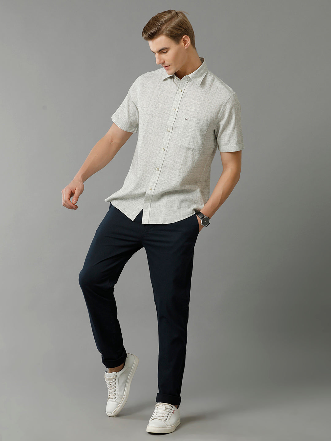 Aldeno Men's Regular Fit Plain Textured Grey Casual Cotton Linen Stretch Shirt (TEGAY)