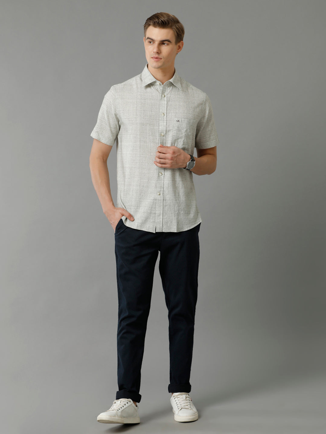 Aldeno Men's Regular Fit Plain Textured Grey Casual Cotton Linen Stretch Shirt (TEGAY)