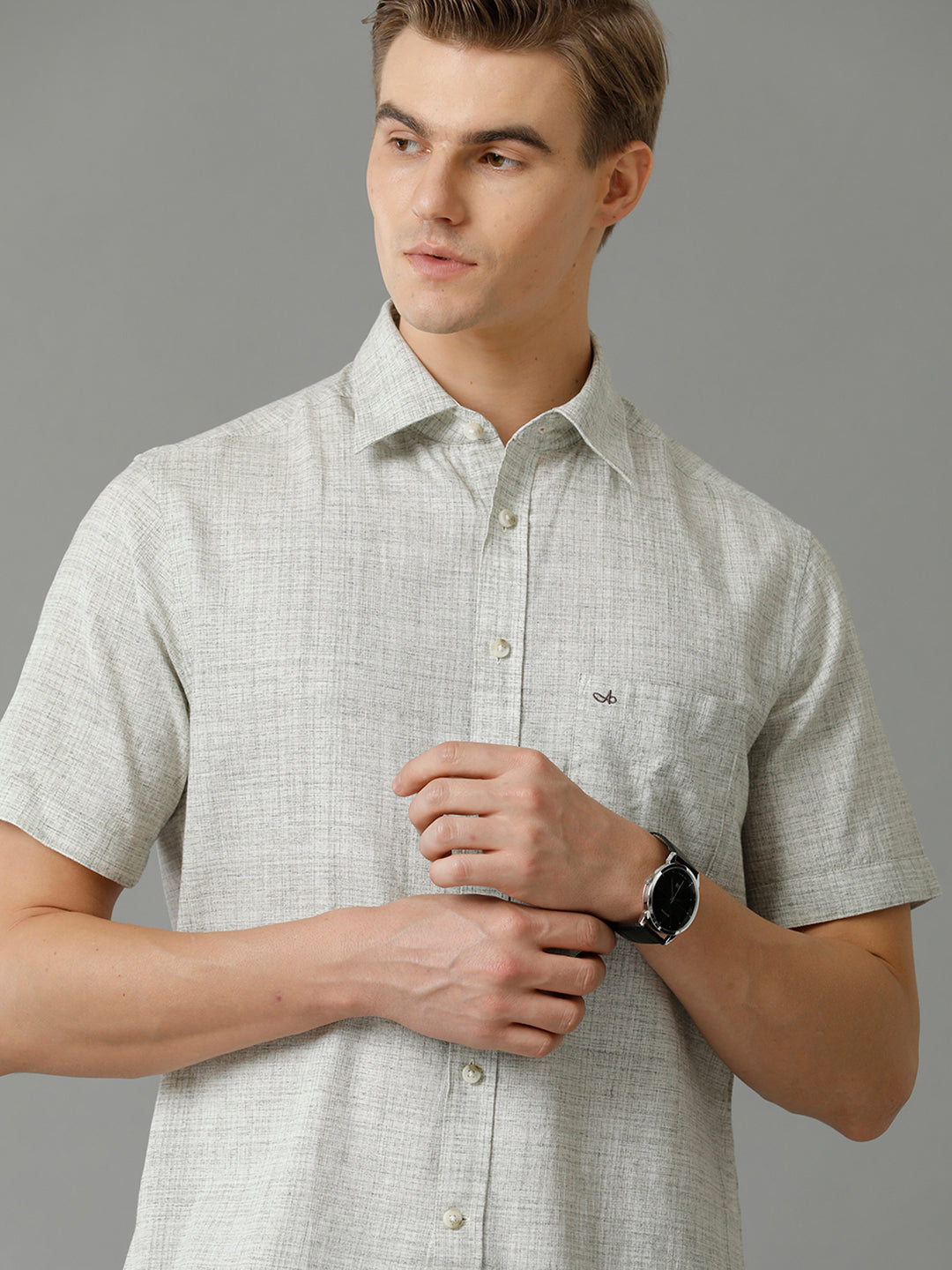 Aldeno Men's Regular Fit Plain Textured Grey Casual Cotton Linen Stretch Shirt (TEGAY)