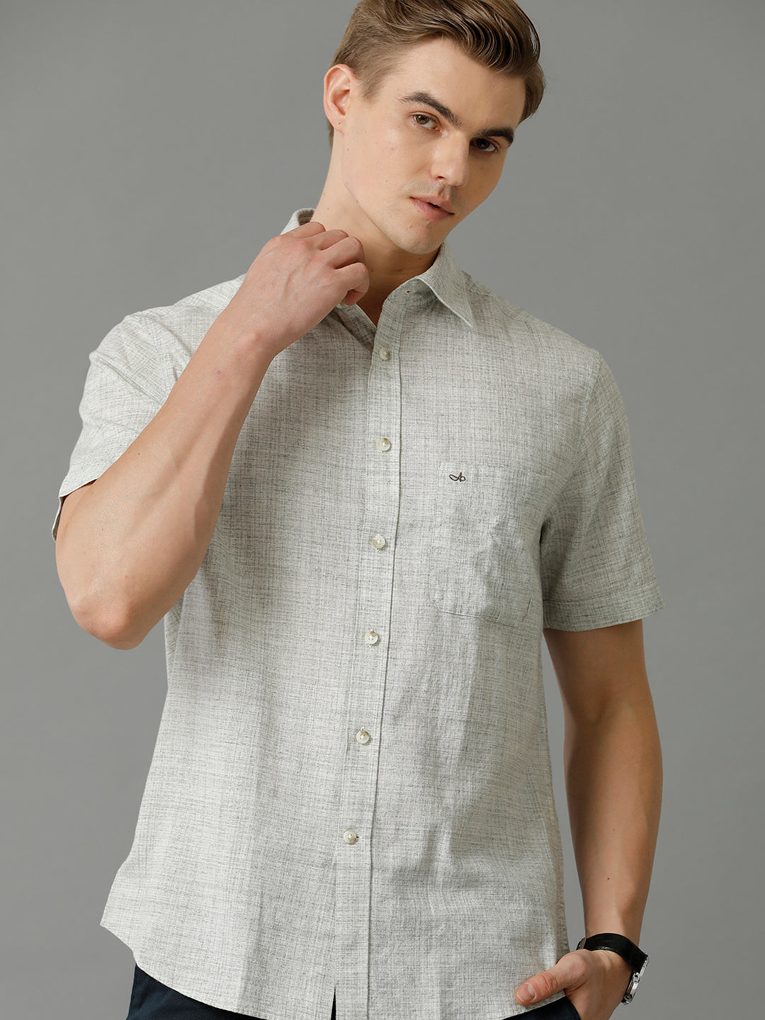 Aldeno Men's Regular Fit Plain Textured Grey Casual Cotton Linen Stretch Shirt (TEGAY)