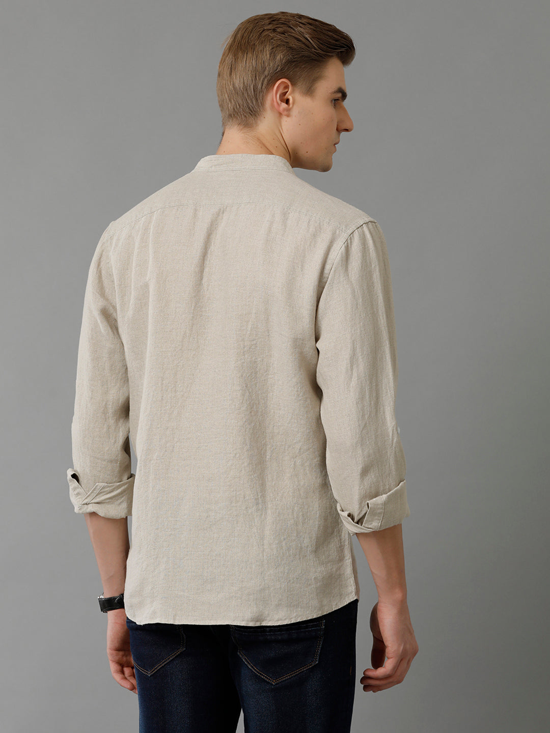 Aldeno Mens Regular Fit Solid Beige Casual Linen Shirt (LACIE)