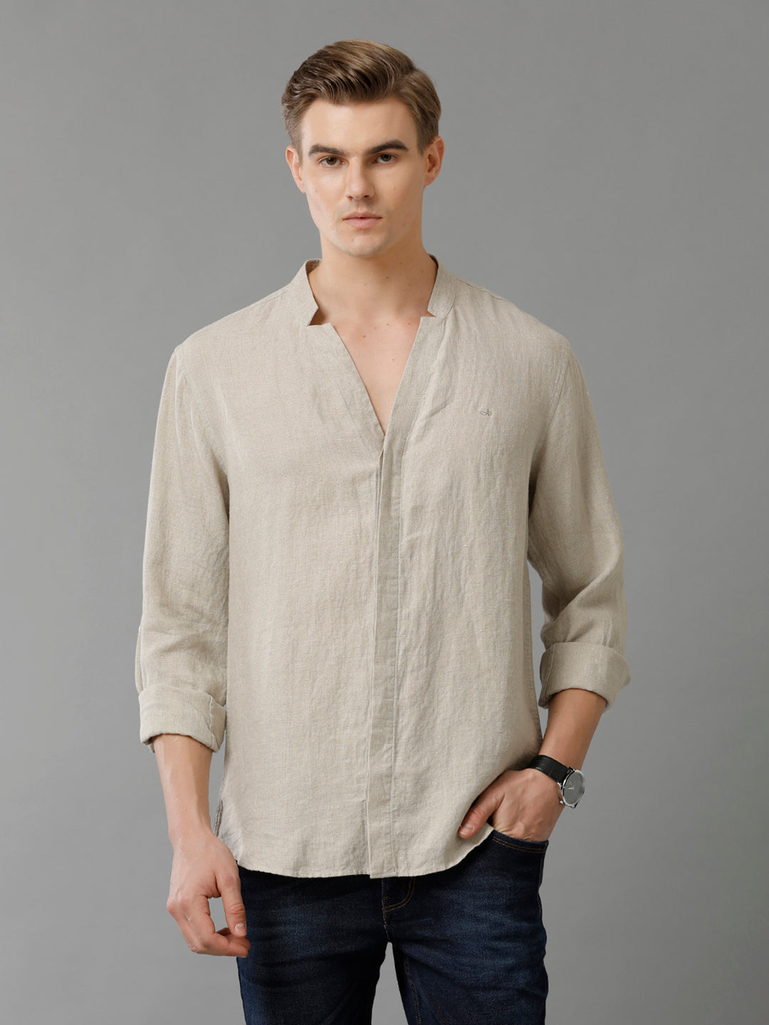 Aldeno Mens Regular Fit Solid Beige Casual Linen Shirt (LACIE)