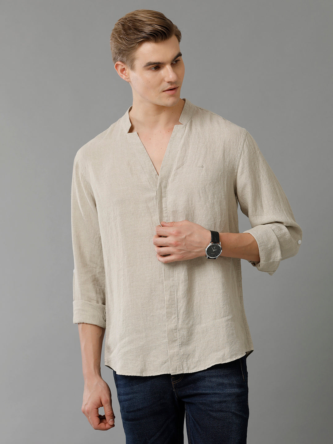 Aldeno Mens Regular Fit Solid Beige Casual Linen Shirt (LACIE)