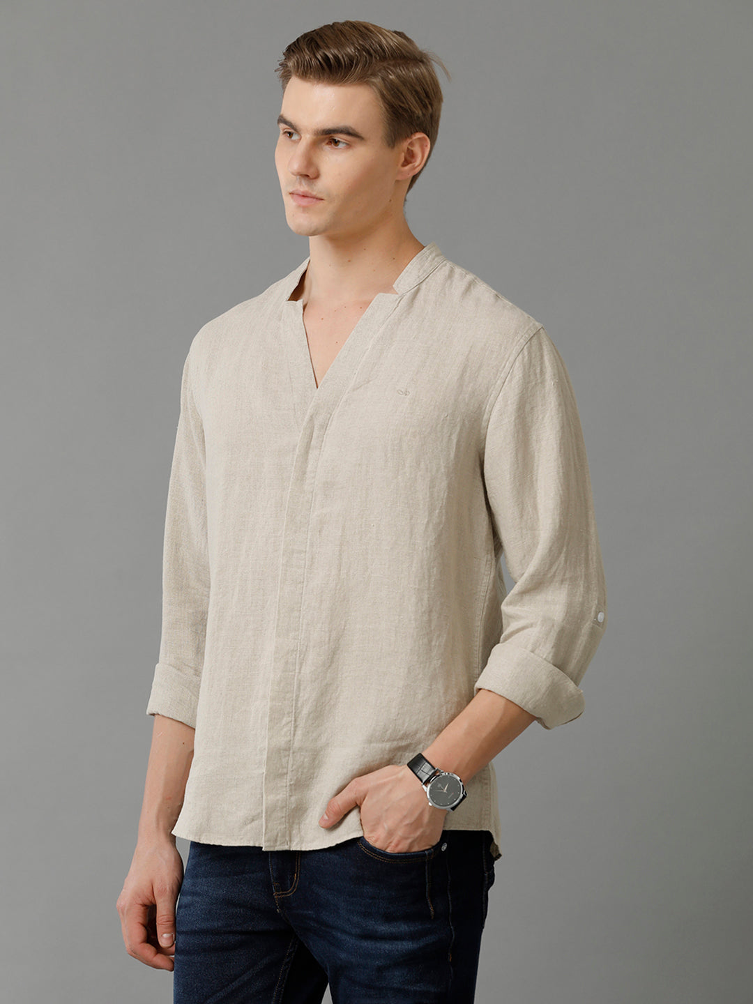 Aldeno Mens Regular Fit Solid Beige Casual Linen Shirt (LACIE)