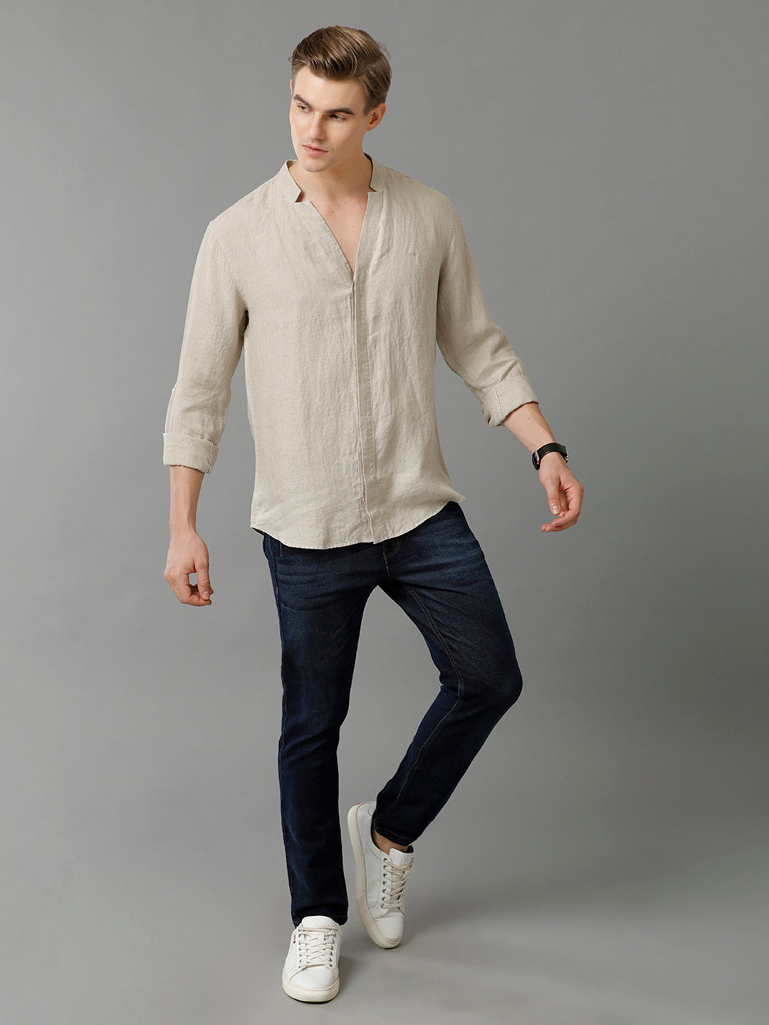 Aldeno Mens Regular Fit Solid Beige Casual Linen Shirt (LACIE)