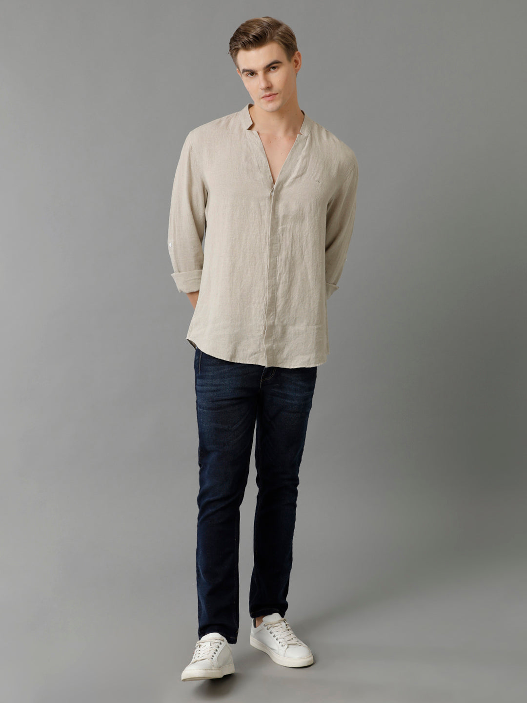 Aldeno Mens Regular Fit Solid Beige Casual Linen Shirt (LACIE)