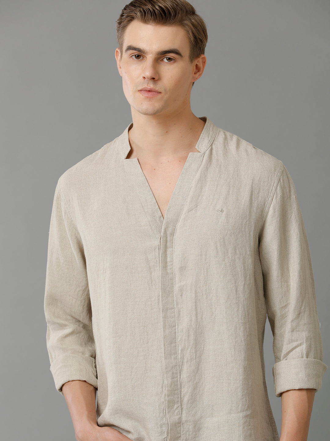 Aldeno Mens Regular Fit Solid Beige Casual Linen Shirt (LACIE)