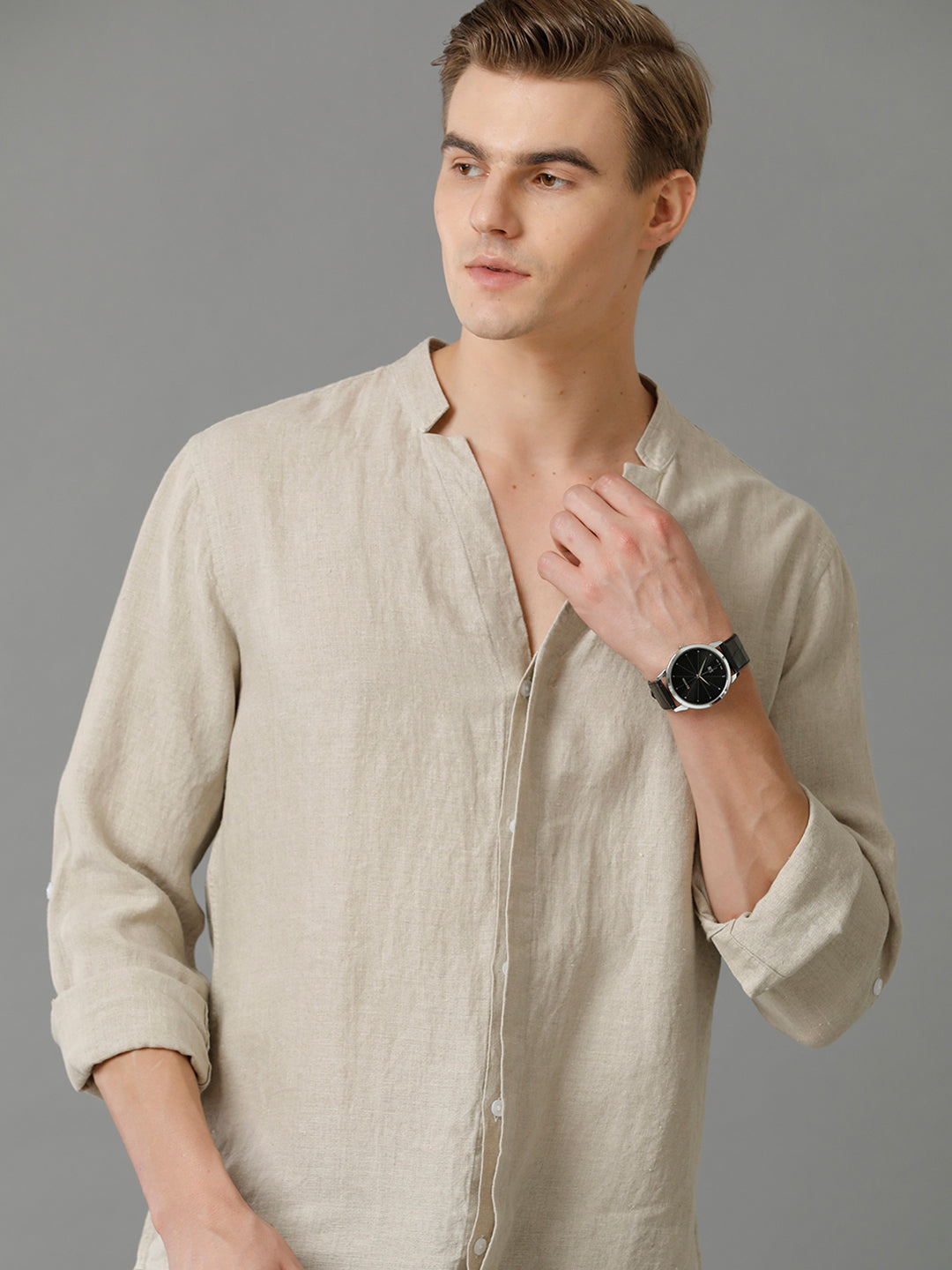 Aldeno Mens Regular Fit Solid Beige Casual Linen Shirt (LACIE)