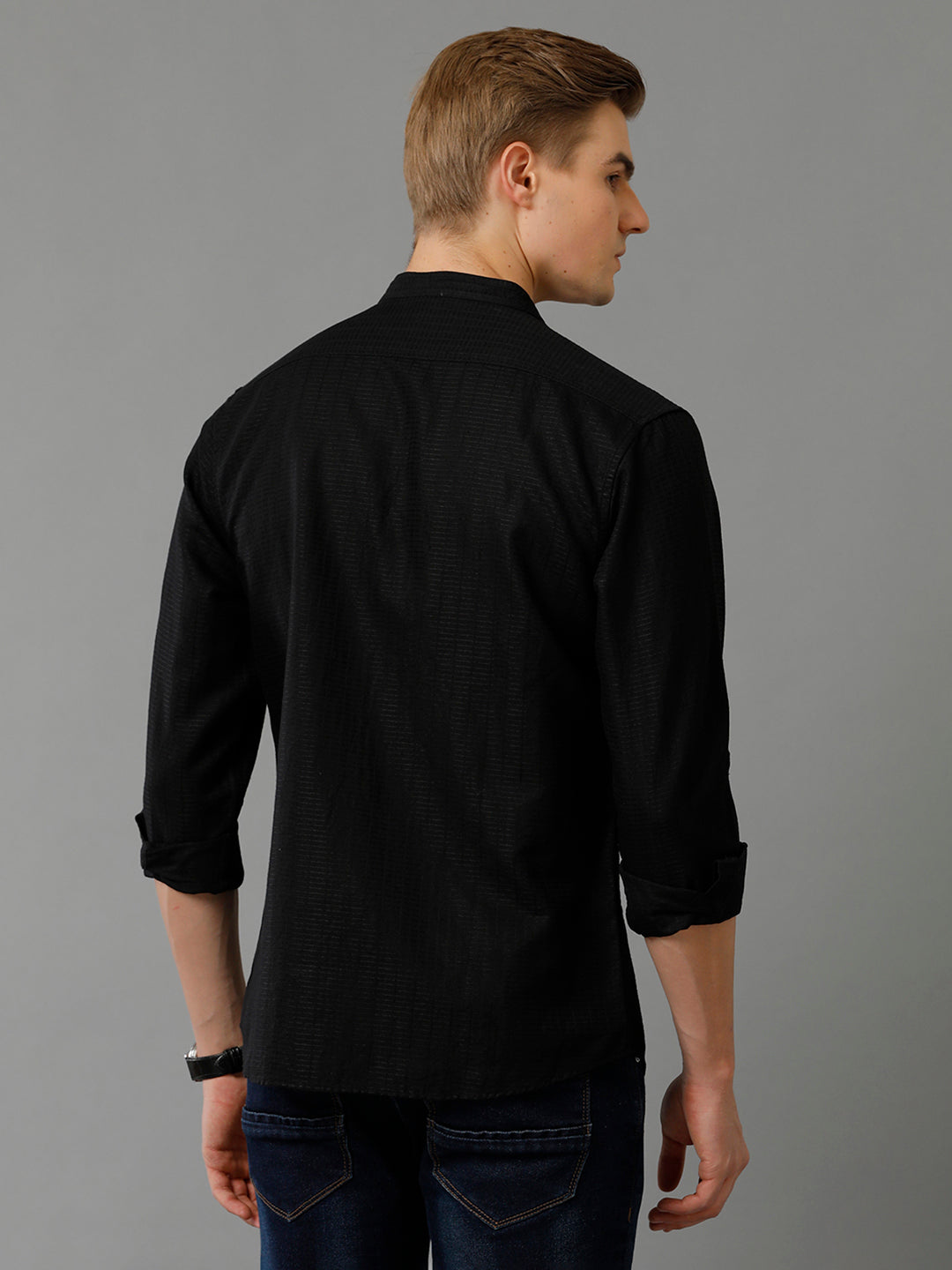 Aldeno Mens Regular Fit Solid Black Casual Linen Blend Shirt (LATEN)