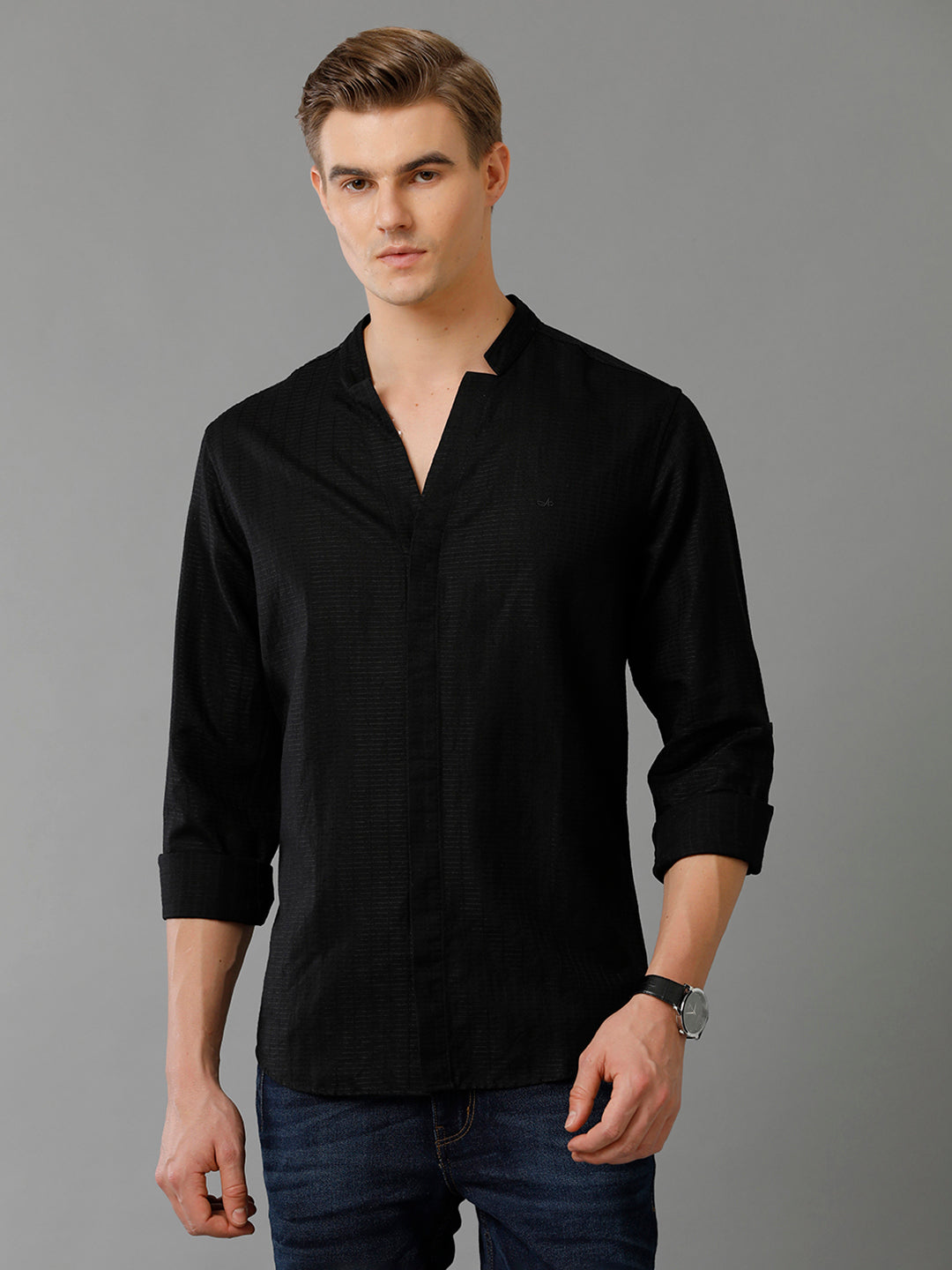 Aldeno Mens Regular Fit Solid Black Casual Linen Blend Shirt (LATEN)