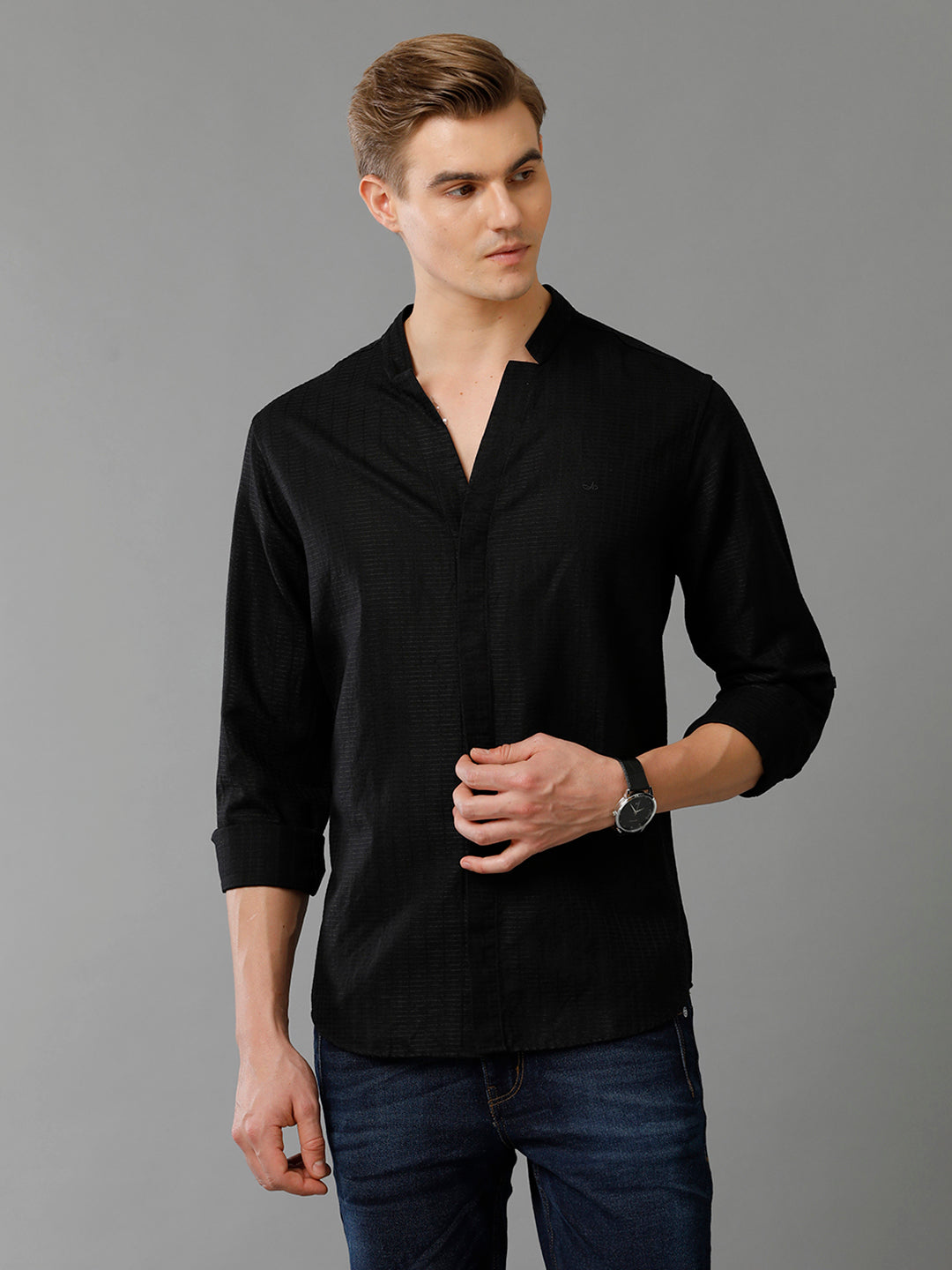 Aldeno Mens Regular Fit Solid Black Casual Linen Blend Shirt (LATEN)