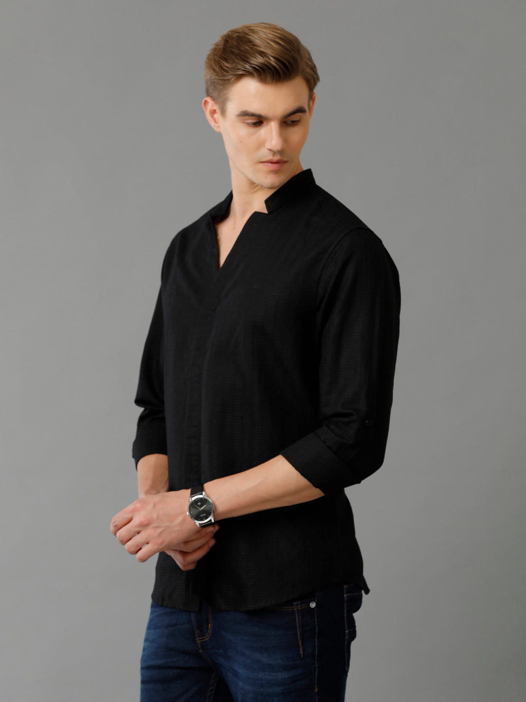 Aldeno Mens Regular Fit Solid Black Casual Linen Blend Shirt (LATEN)